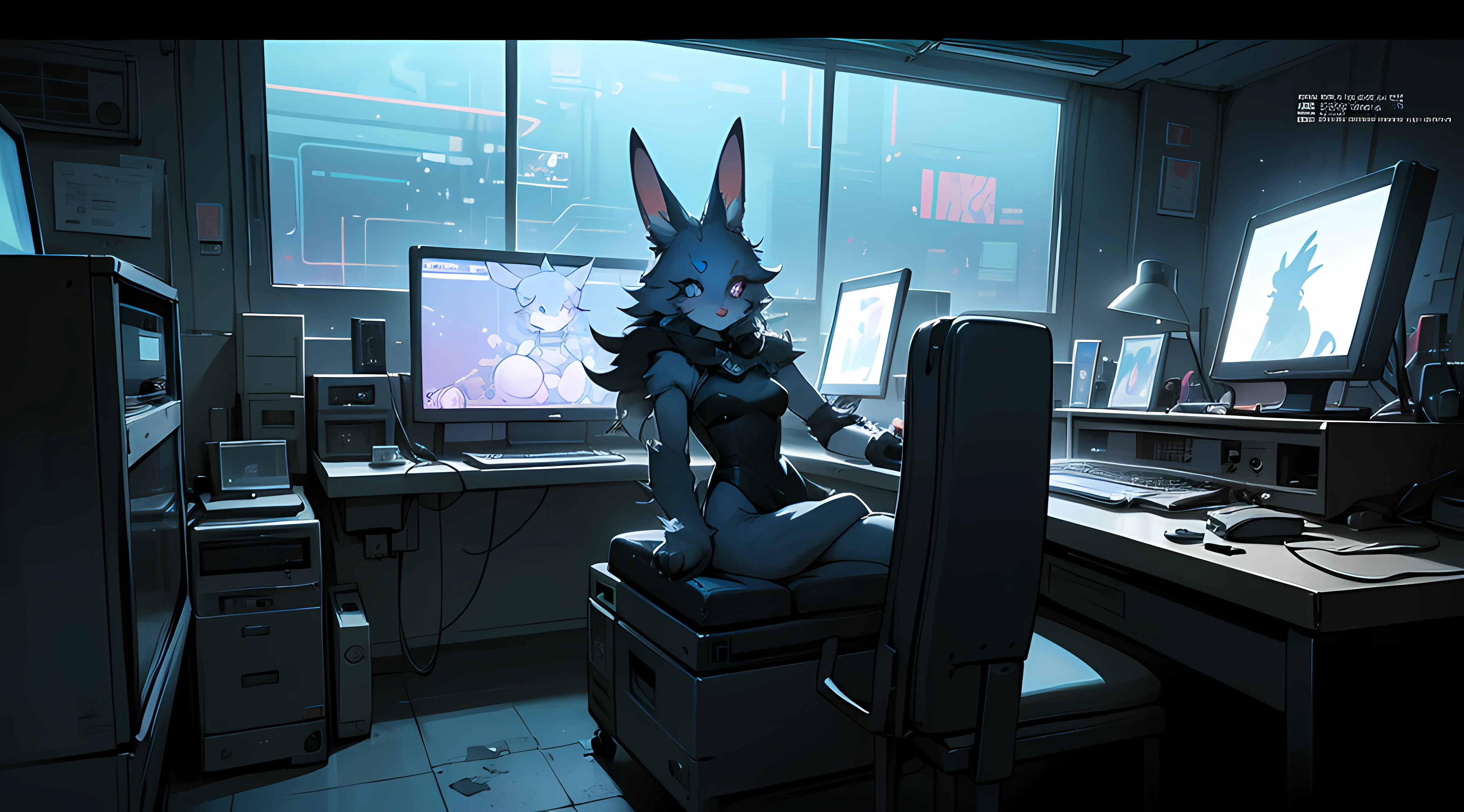 crt cel animated screencap of a still from an animated 1980s masamume shirow anime about a cyberpunk anthro kemono furry blue rabbit girl who patrols the streets with a technokatana looking for criminal robots, (blame! style abandoned tech landscape), (Zen, Amy Sol style), (((beats to relax/study to))), (((Lofi anthro kemono blue-furred rabbit girl in power armor sitting in metal chair behind computer terminal, behind giant glass terminal screen, beats to relax/study to))), (((blue kemono beastars furry rabbit anime hacker with small soft furry paws))), (((suspended glass cyberpunk computer terminals with robot rabbit in background))), ((glowing cyberdeck screens)), (underground, dark, foggy, perilous, abandoned dystopian apartment bedroom, deep windows), (abstract anthro rabbit figure wearing bunny ears), cover art with light abstraction, abstract, simple vector art, contemporary Cybernetic art, color gradients, soft color palettes, layered forms, whimsical animation, style Ethereal abstract, 4K, --v6