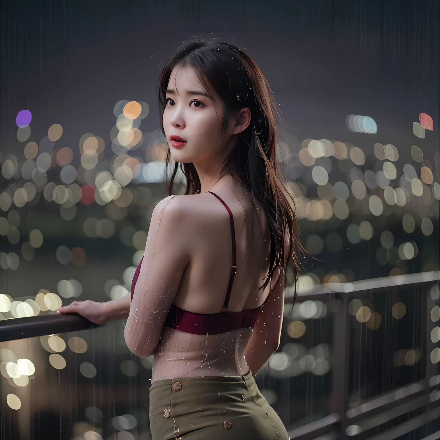 nikon RAW photo,8 k,Fujifilm XT3,photorealistic,realistic, solo, photorealistic, best quality, ultra high res, (skin spots:0.1) serious expression, , standing against a city skyline at night, topless but covering her  with her arms, short, wet and tight shirt,Suit skirt beautiful, masterpiece, best quality, extremely detailed face, perfect lighting, solo,1girl, sexy sight best quality, ultra high res, photorealistic, ultra detailed, masterpiece, best quality, iu1, nice butt