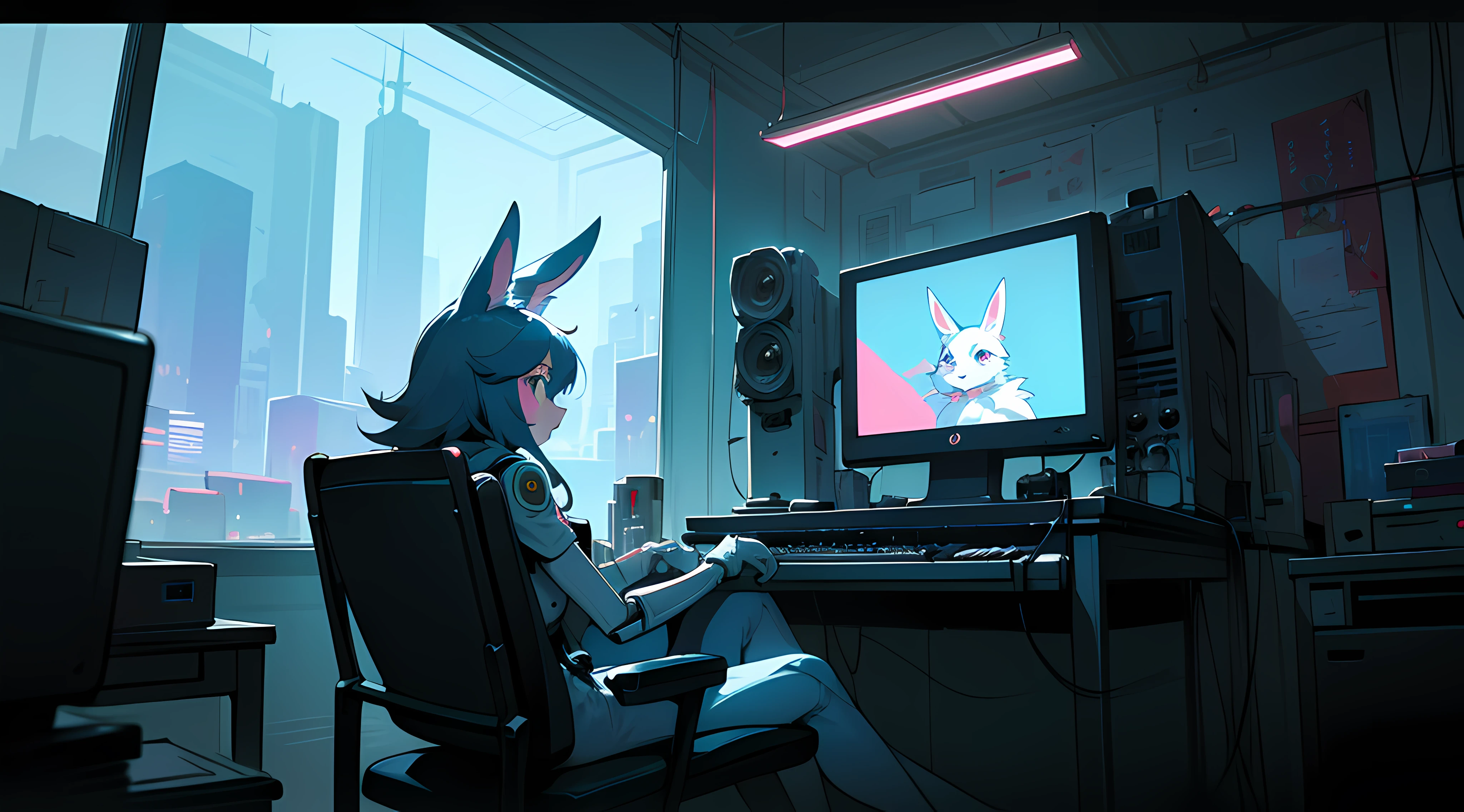 crt cel animated screencap of a still from an animated 1980s masamume shirow anime about a cyberpunk anthro kemono furry blue rabbit girl who patrols the streets with a technokatana looking for criminal robots, (blame! style abandoned tech landscape), (Zen, Amy Sol style), (((beats to relax/study to))), (((Lofi anthro kemono blue-furred rabbit girl in power armor sitting in metal chair behind computer terminal, behind giant glass terminal screen, beats to relax/study to))), (((blue kemono beastars furry rabbit anime hacker with small soft furry paws))), (((suspended glass cyberpunk computer terminals with robot rabbit in background))), ((glowing cyberdeck screens)), (underground, dark, foggy, perilous, abandoned dystopian apartment bedroom, deep windows), (abstract anthro rabbit figure wearing bunny ears), cover art with light abstraction, abstract, simple vector art, contemporary Cybernetic art, color gradients, soft color palettes, layered forms, whimsical animation, style Ethereal abstract, 4K, --v6