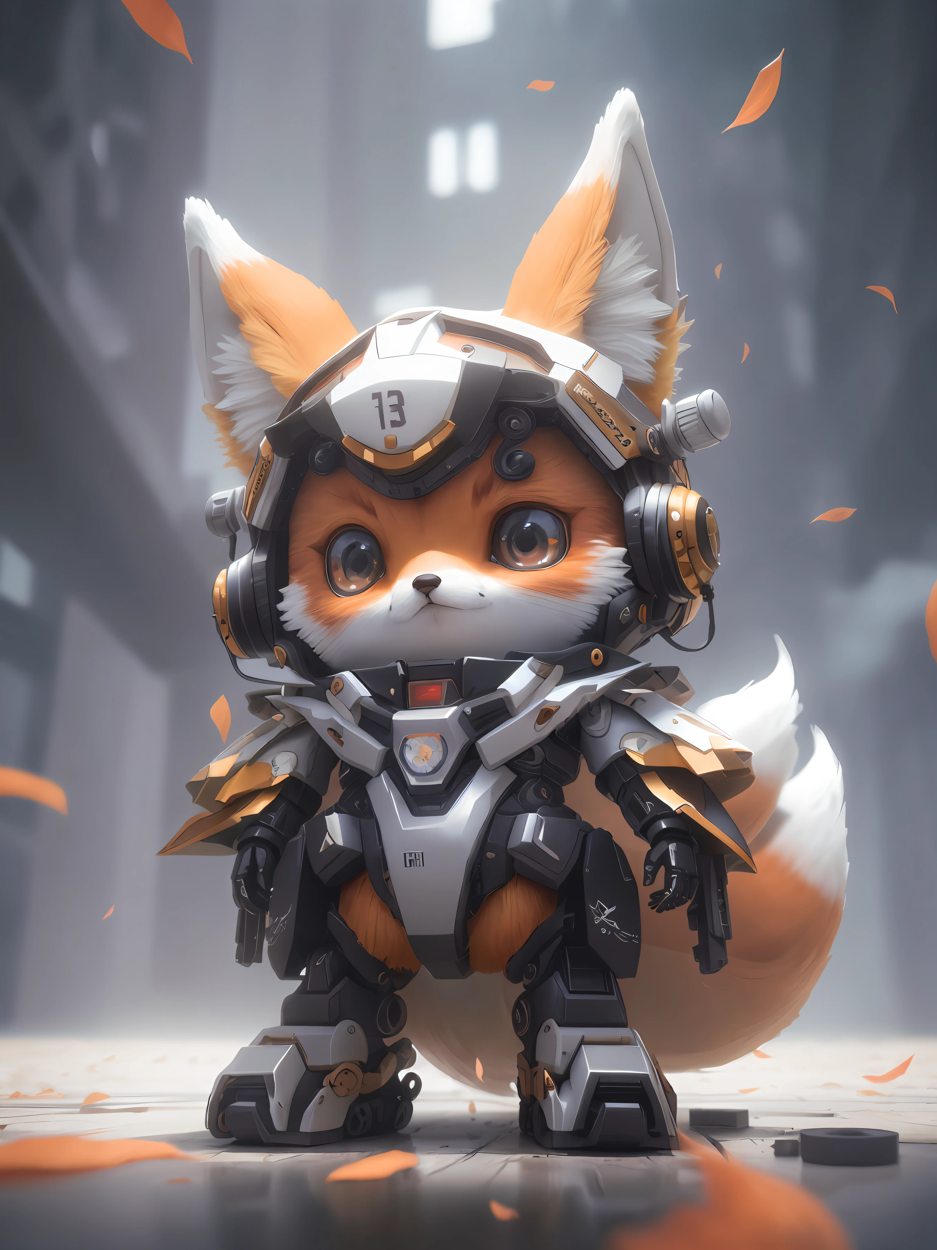 3dcreature cute fox wearing mecha，large eyes，Chibi T-Shi，Lifelike，Hyper-realistic，Ultra Verbose，analog style，Hips upturned，dignified，Detailed skin，Matte skin，softly lit，sub-surface Scattering，Lifelike、Heavy shadows、The Masterpiece、best qulity、ultra realistis、8K、the golden ratio、intricated、high detaild、Film photography、softfocus