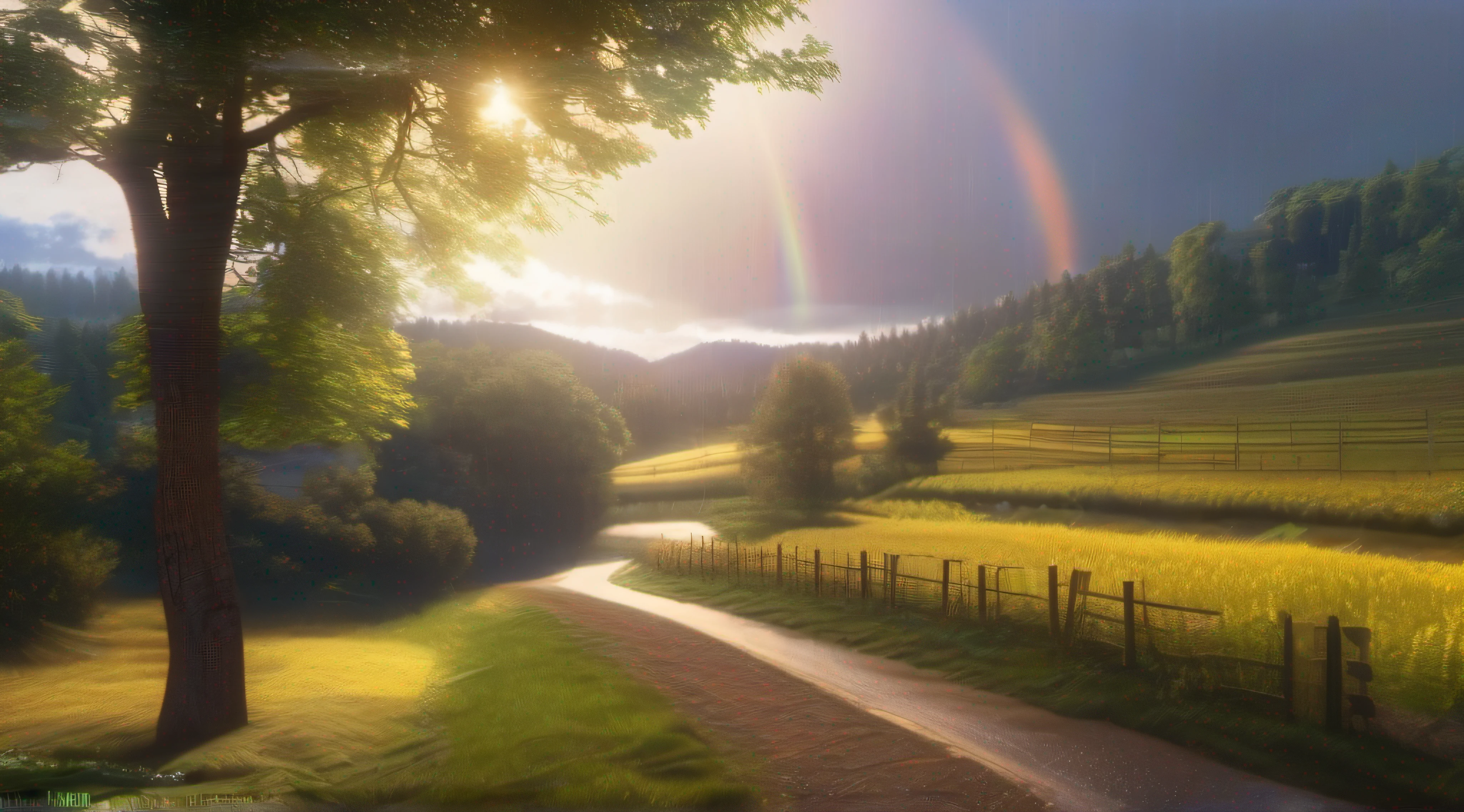 Country paths,Vista Village,The first sunshine after the rain,rainbowing,dingdall effect,himawari,tmasterpiece,A high resolution,8k