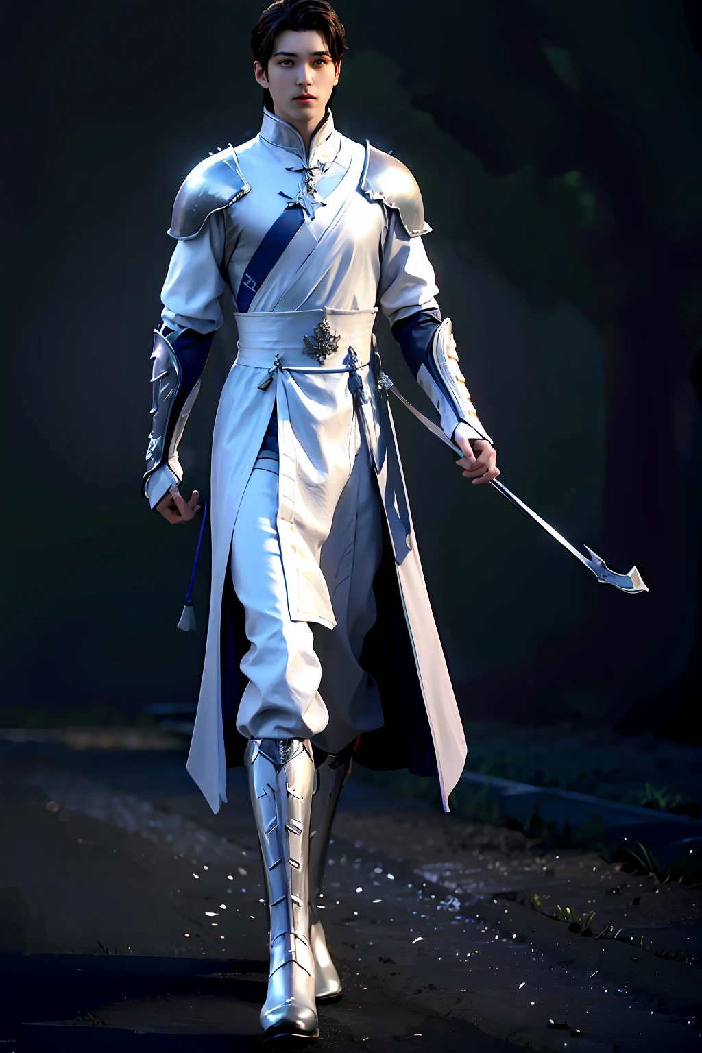 Best quality,A high resolution,A high resolution,4K,8K,3Drenderingof,Low light,Physical rendering,Masterpiece,(full bodyesbian),Russian handsome，Libido boy,Long Haochen,Solo,looking at viewert,Seductive feet，Knight boots