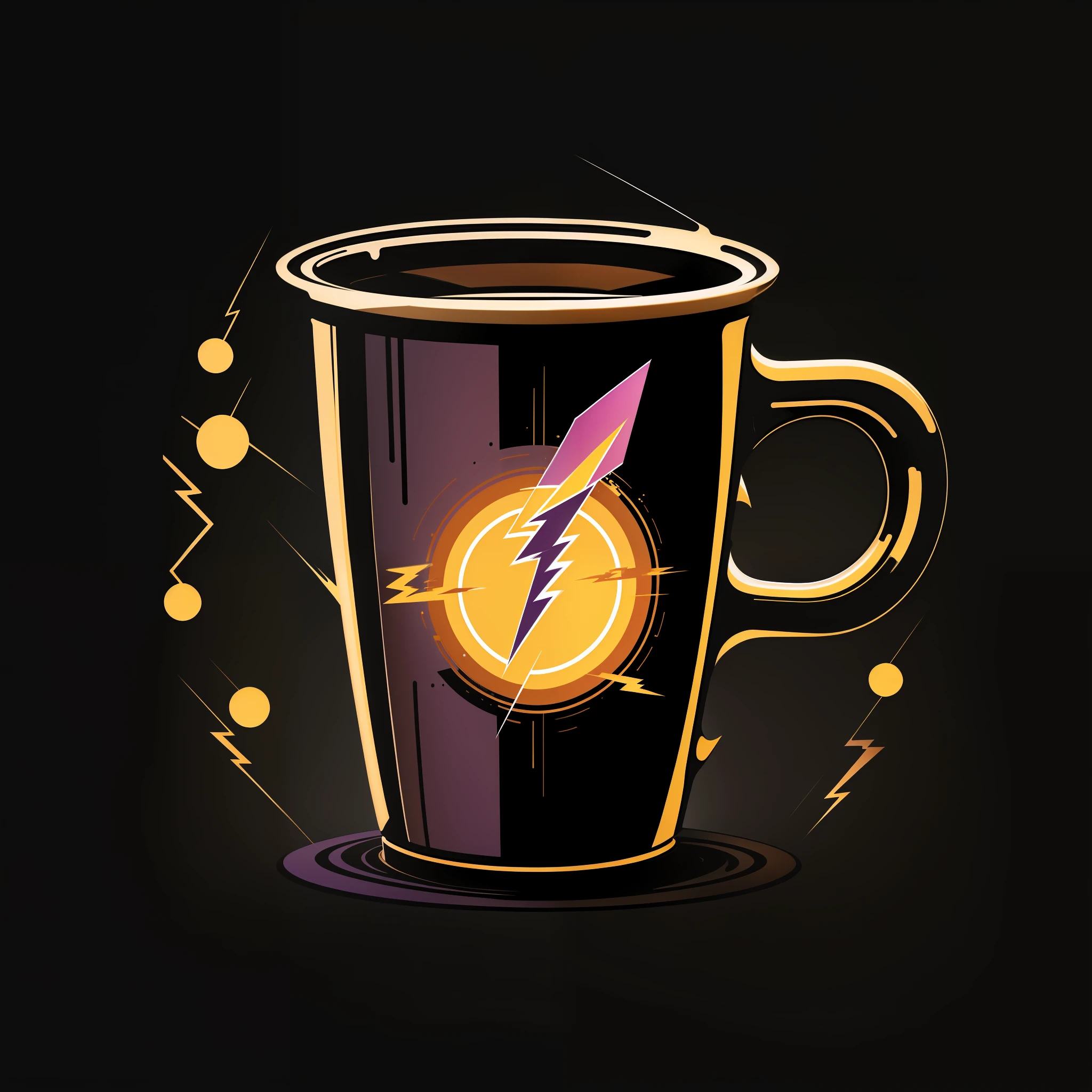 "Create a logo of a cup of coffee with a lightning bolt running from side to side. Use cores atrativas como amarelo e roxo."