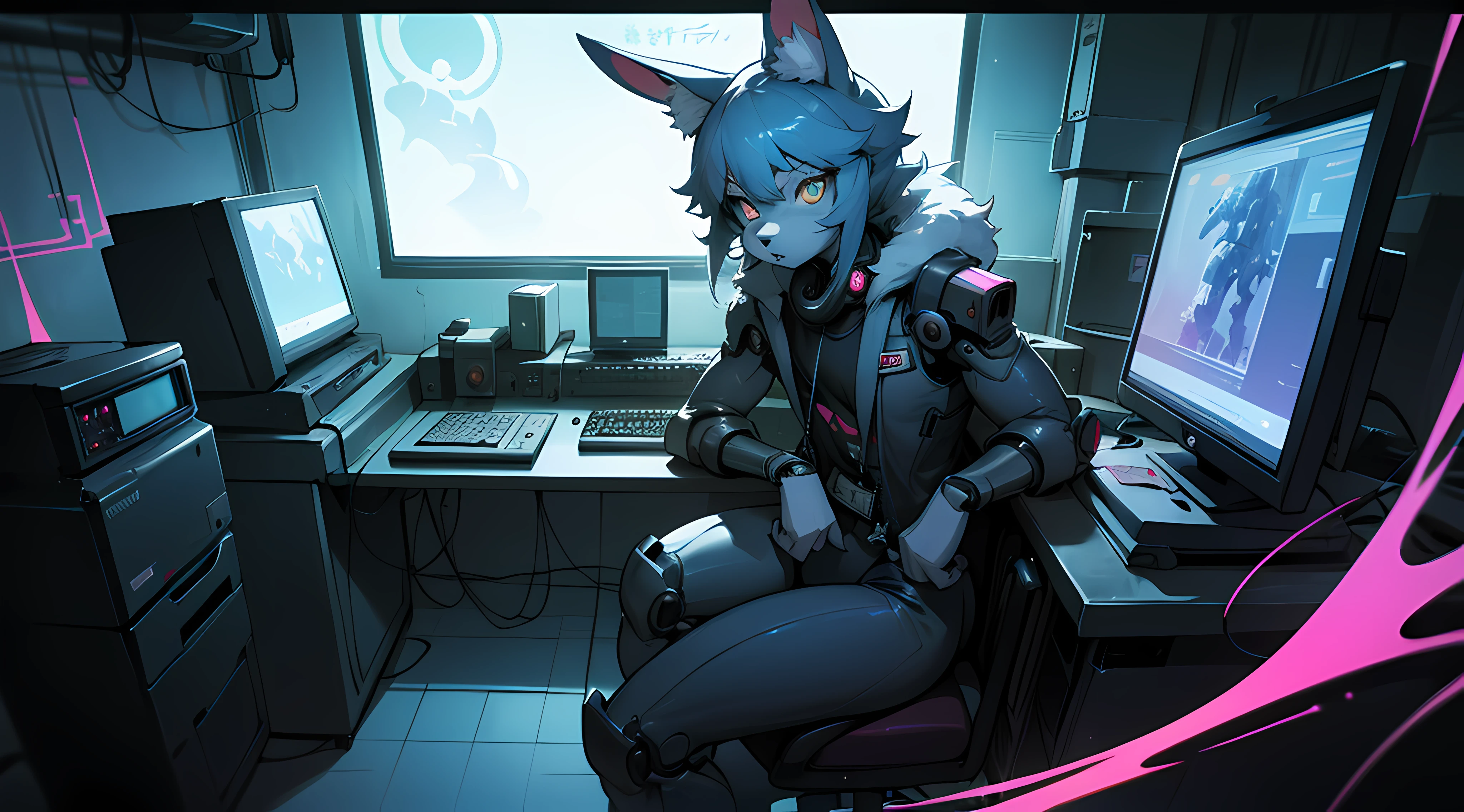 crt cel animated screencap of a still from an animated 1980s masamume shirow anime about a cyberpunk anthro kemono furry blue rabbit girl who patrols the streets with a technokatana looking for criminal robots, (blame! style abandoned tech landscape), (Zen, Amy Sol style), (((beats to relax/study to))), (((Lofi anthro kemono blue-furred rabbit girl in power armor sitting in metal chair behind computer terminal, behind giant glass terminal screen, beats to relax/study to))), (((blue kemono beastars furry rabbit anime hacker with small soft furry paws))), (((suspended glass cyberpunk computer terminals with robot rabbit in background))), ((glowing cyberdeck screens)), (underground, dark, foggy, perilous, abandoned dystopian apartment bedroom, deep windows), (abstract anthro rabbit figure wearing bunny ears), cover art with light abstraction, abstract, simple vector art, contemporary Cybernetic art, color gradients, soft color palettes, layered forms, whimsical animation, style Ethereal abstract, 4K, --v6