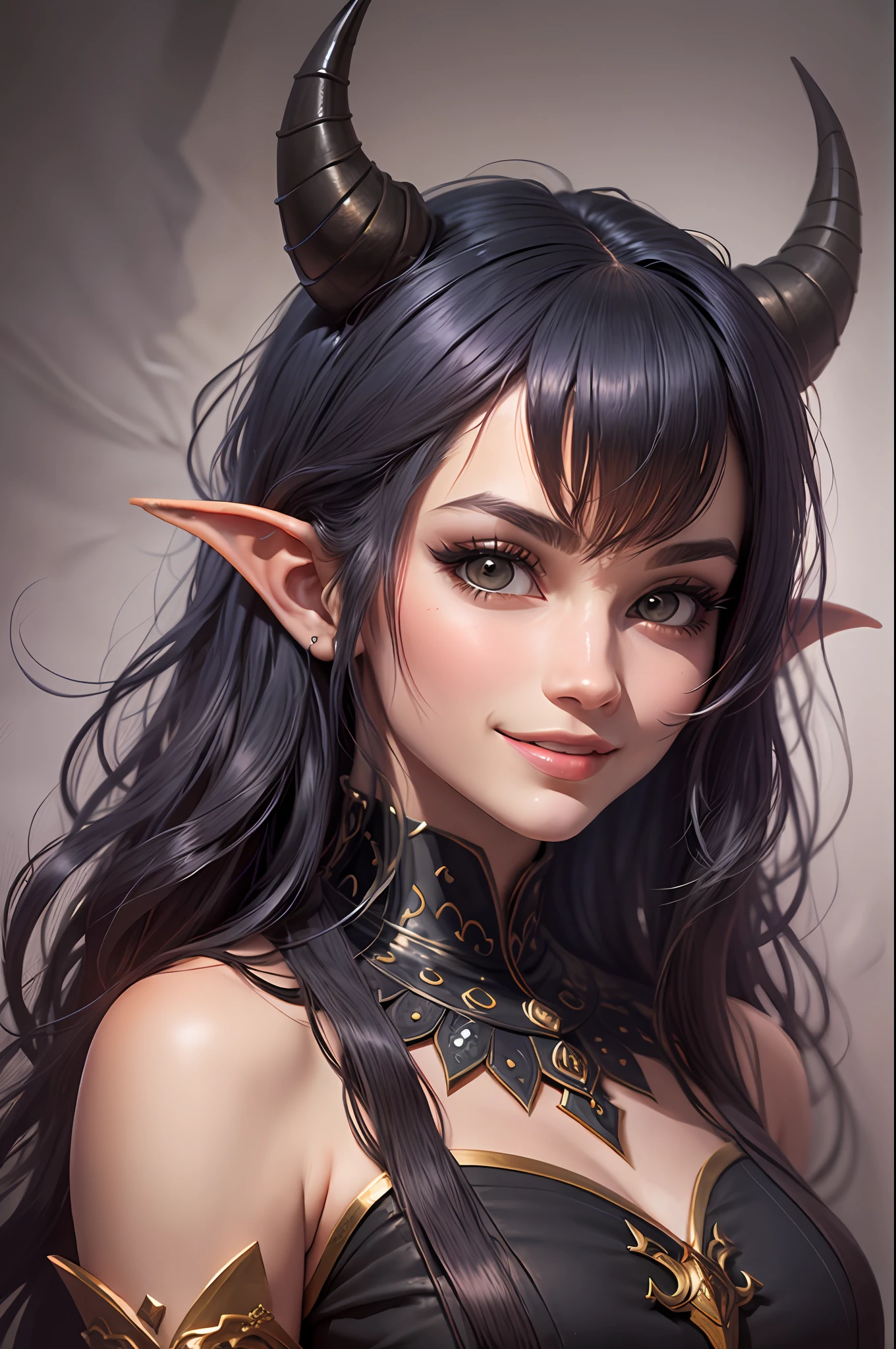 uma Tiefling de cabelo preto longo e cacheado deitada em uma cama, sorrindo, rosto bonito, cabelo preto, arte detalhada, arte fantasia, arte medieval, alto detalhe