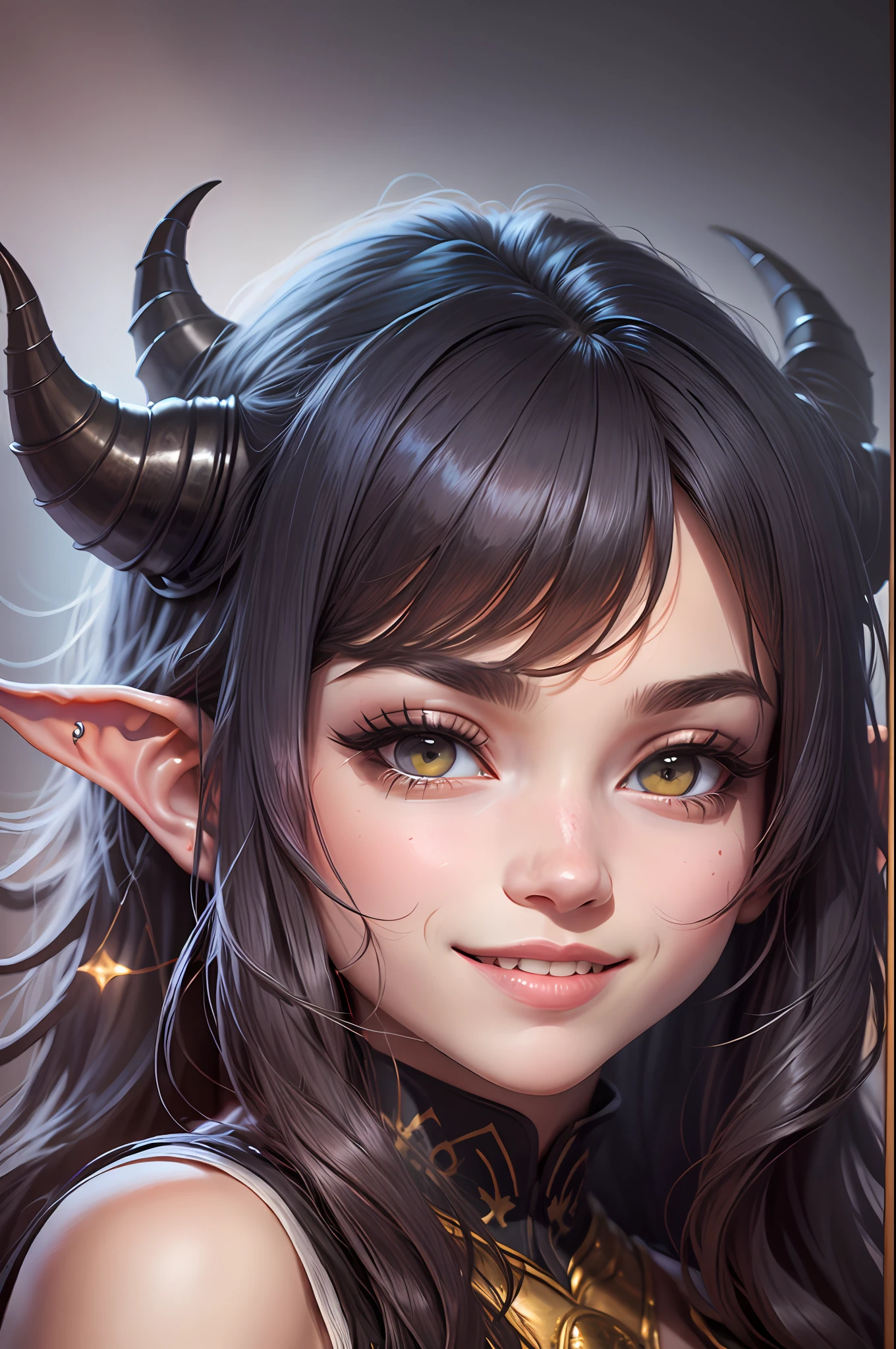 uma Tiefling de cabelo preto longo e cacheado deitada em uma cama, sorrindo, rosto bonito, cabelo preto, arte detalhada, arte fantasia, arte medieval, alto detalhe