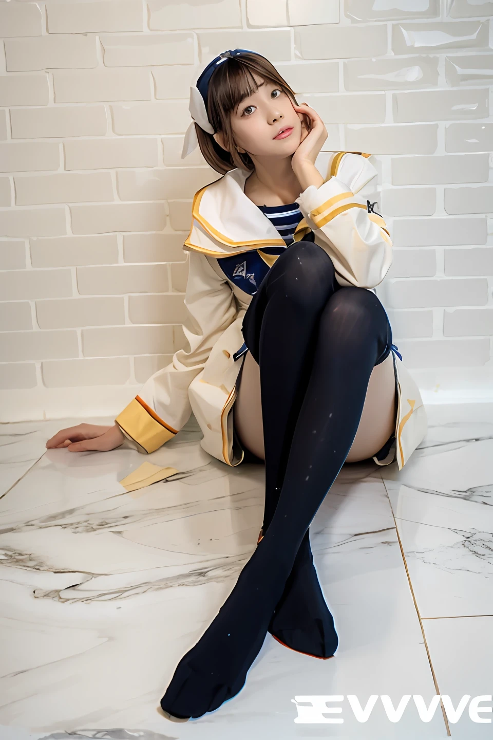 A woman in a sailor's suit sits on the floor, loose coat collar sailor uniform, Anime girl cosplay, Sailor uniform, Ayaka cosplay, pretty face with arms and legs, smooth white tight clothes suit, chiho, full-body xianxia, reluvy5213, the anime girl is crouching, sakimi chan, xintong chen