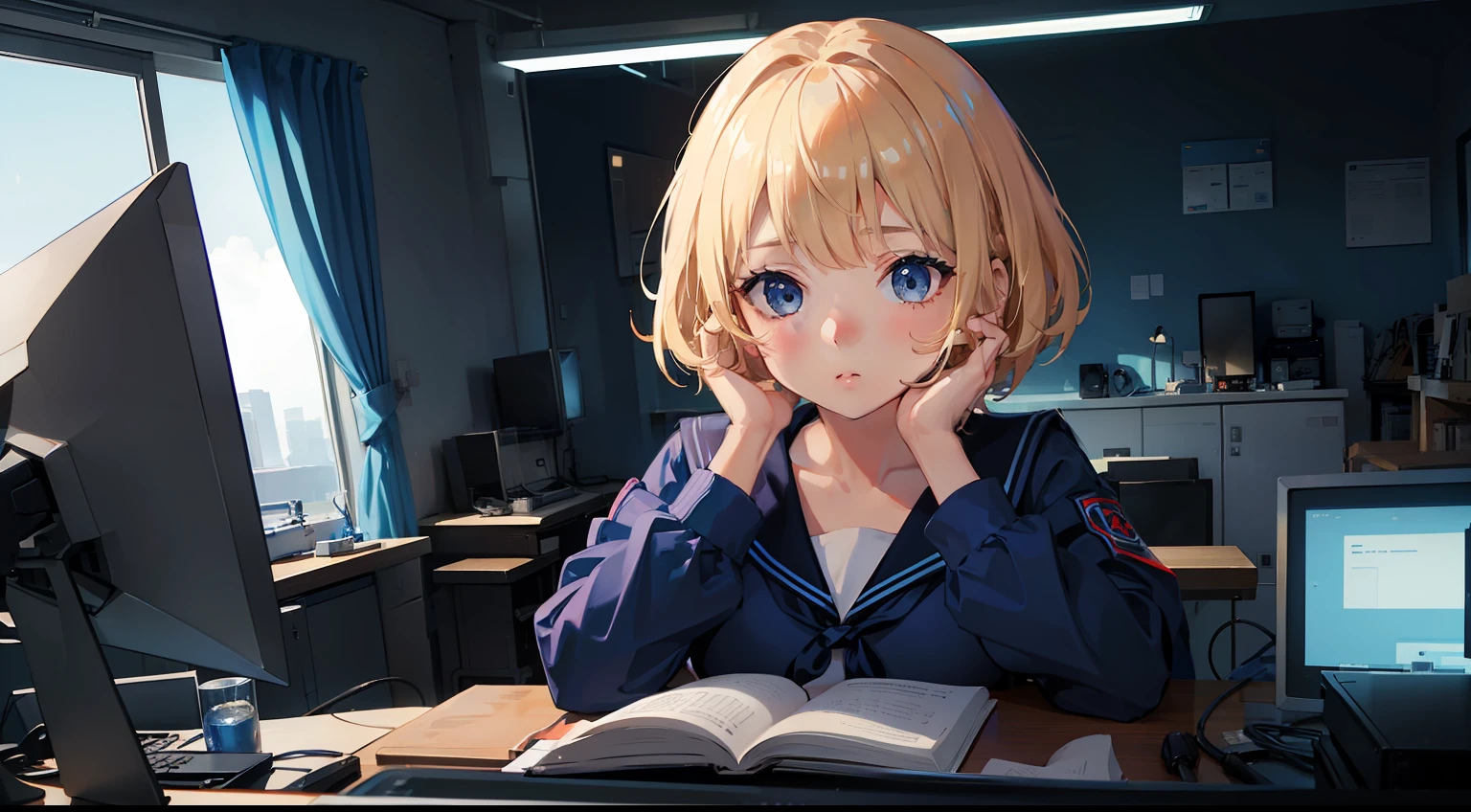 1girl in, Blonde hair, bob cuts, Blue eyes, Sailor Suit, (Lying, face palm), Blue Cyberpunk, Room with large monitor, Room with large windows, Blue fluorescent lamp