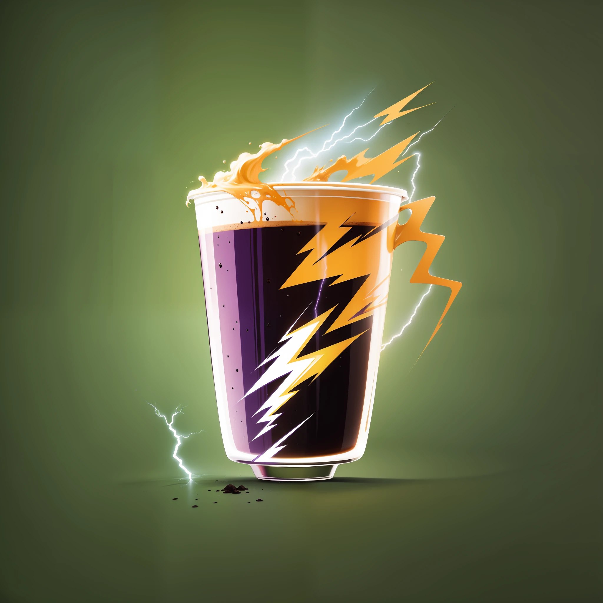 "Create a logo of a cup of coffee with a lightning bolt running from side to side. Use cores atrativas como amarelo e roxo."