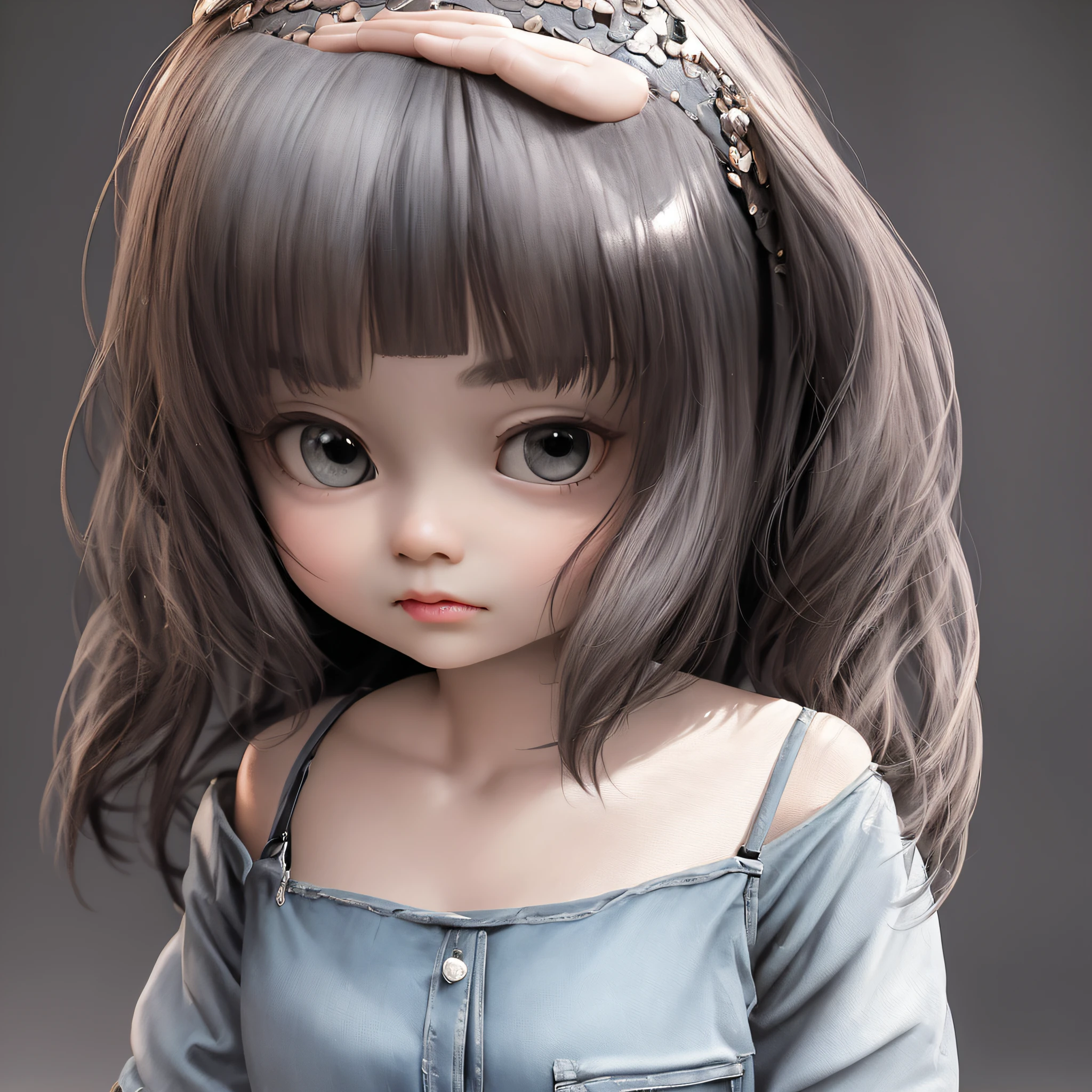 There is a doll with a denim jacket and headband, Cute detailed digital art, Cute Pocelain doll, lovely digital painting, Guviz-style artwork, cute 3 d render, adorable digital art, Kawaii realistic portrait, guweiz masterpiece, style of wlop, with very highly detailed face, Cute and lovely, style as nendoroid