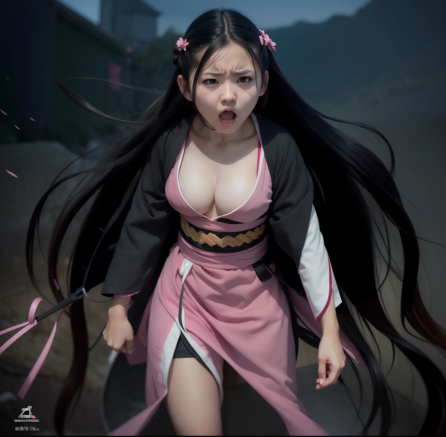 1girl, Kamado nezuko, Long hair, Black hair, Angry, Boobs, Pink kimono, realistic