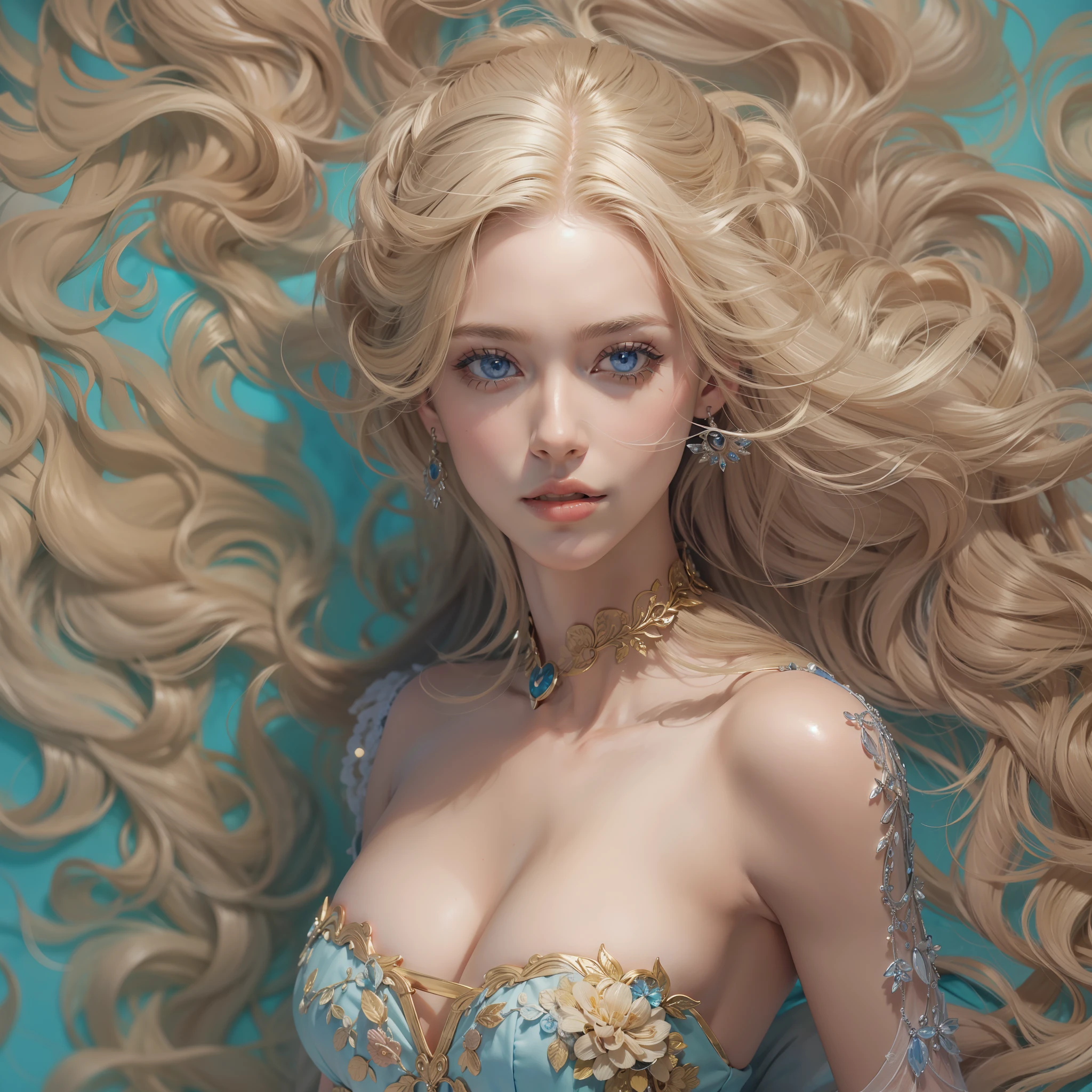 "(((obra-prima))), melhor qualidade, ultra-detallhado, High resolution CG image with a beautiful blonde woman with bright blue eyes, retratados em detalhes fascinantes. His delicate body is accurately represented at every angle. Ela possui longos cabelos loiros que caem suavemente sobre seu vestido da era vitoriana. The upper part of his body is sculpted to perfection. "
