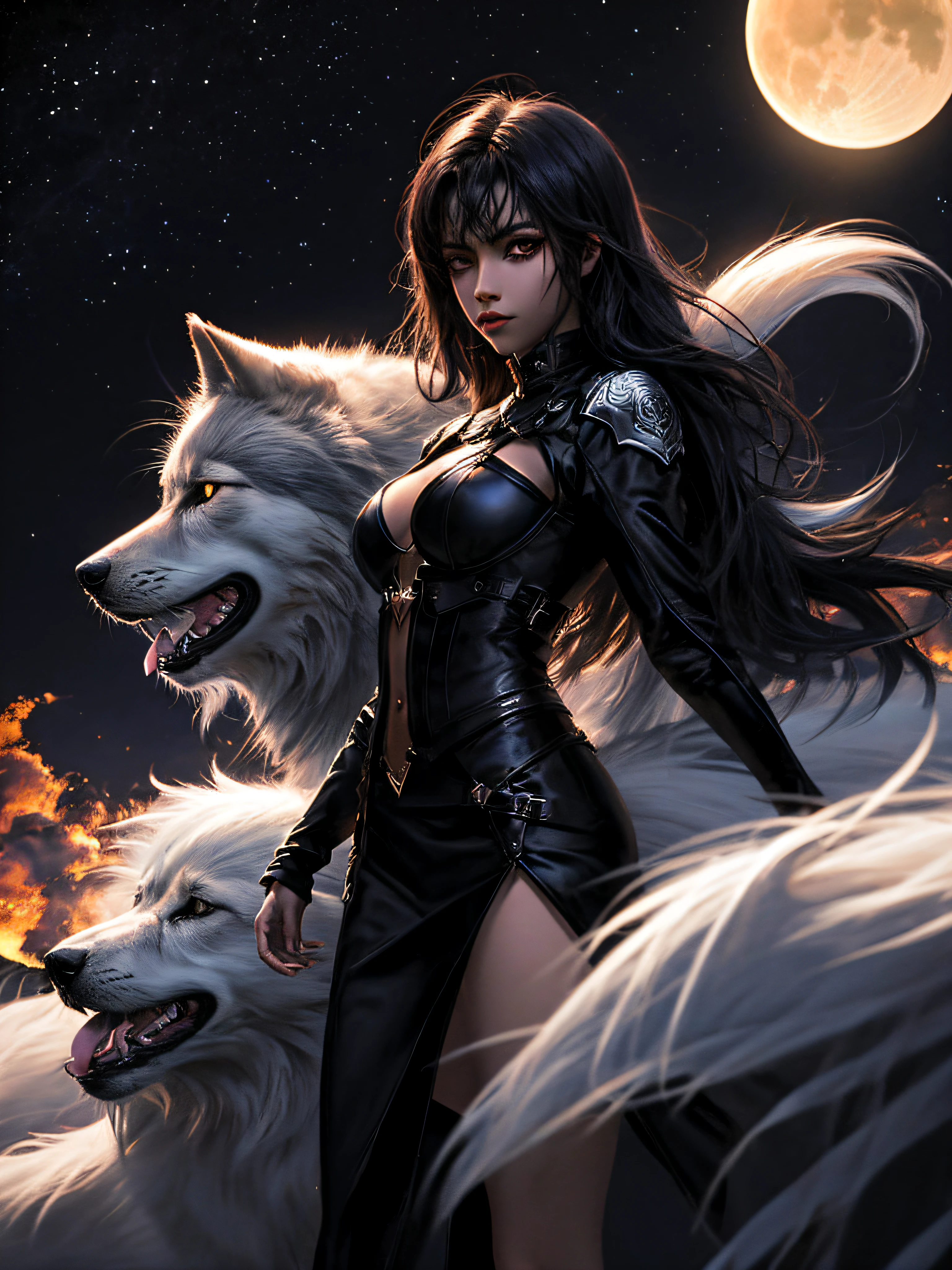 Imagem de uma mulher lobo, cabelo comprido preto, olhos vermelhos brilhantes, canalizando seus poderes, Ki em volta, em uma cidade escura destruida, ela tem uma roupa de pele de lobo cinzento e alguns detalhes preto e vermelho em sua roupa, e a imagem de um lobo de fundo e uma lua cheia sangrenta, realista, 8k, ultrarealista