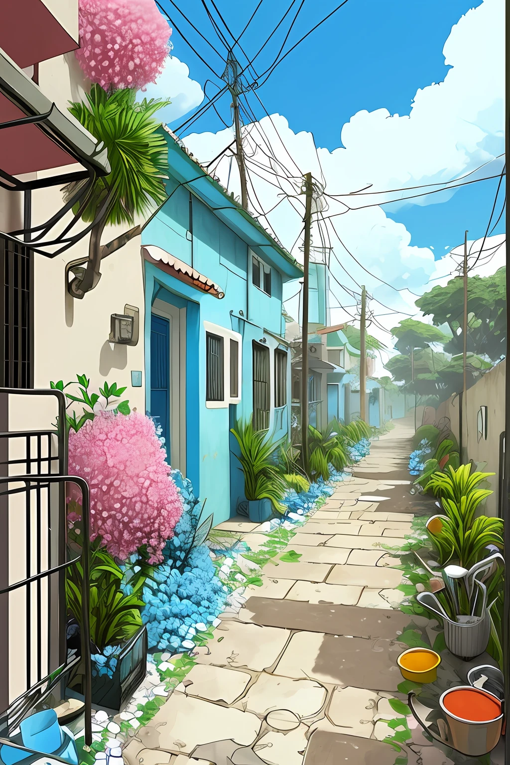 lugar pequeno muito aconchegante, hiper realismo, (anime Makoto Shinkai:0.4), casas de um andar na rua da cidade, home wiring, ao ar livre, heaven, nuvem, dia, paisagem, tree, blue skies, fios, gradeamento, tiro largo, poste de utilidade, cidade, deserto, flores, a bunch of utensils lying in a mess