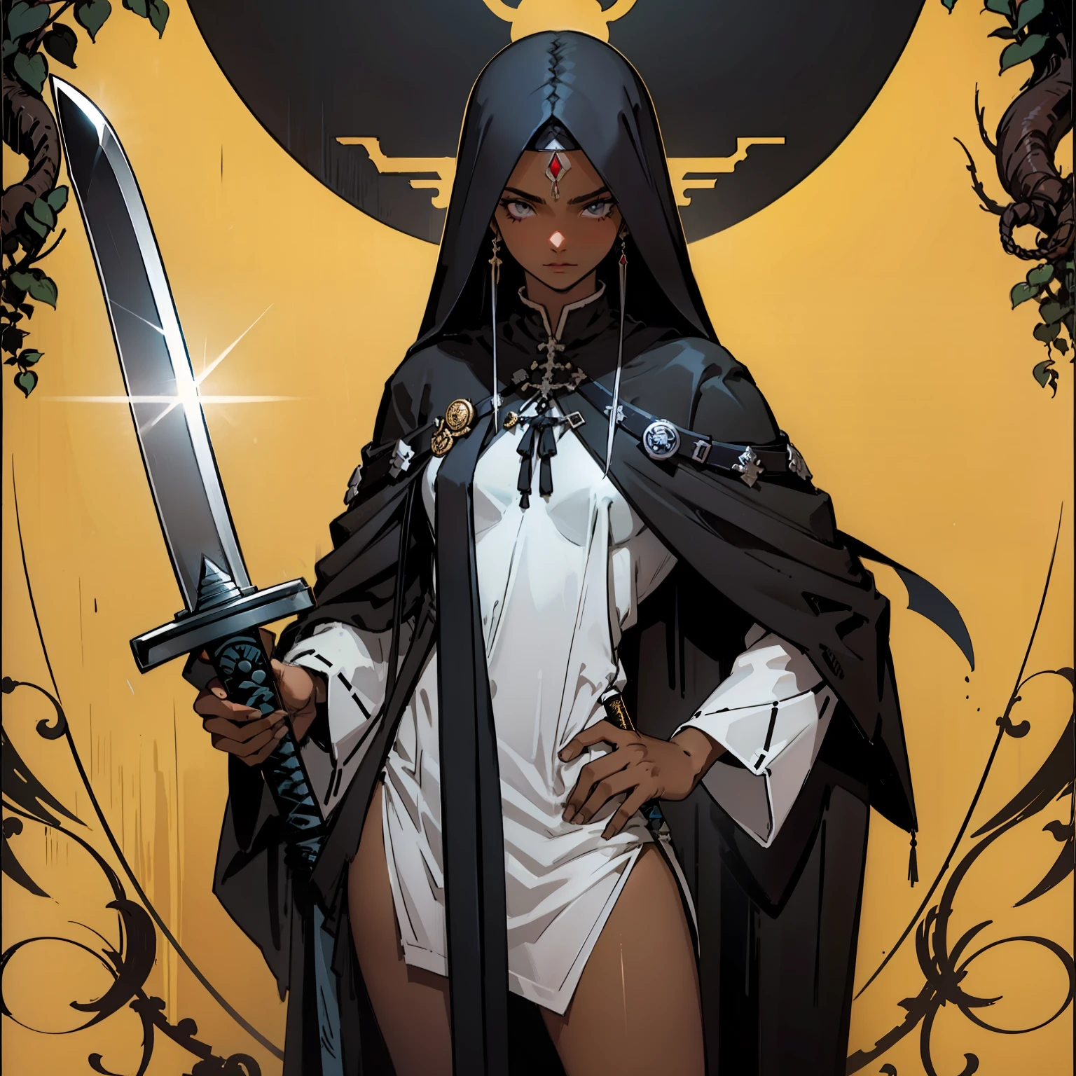 Garota,cabelo longo preto,olhos escuros,roupa de monje, espadachin, corpo inteiro, with a mystical sword