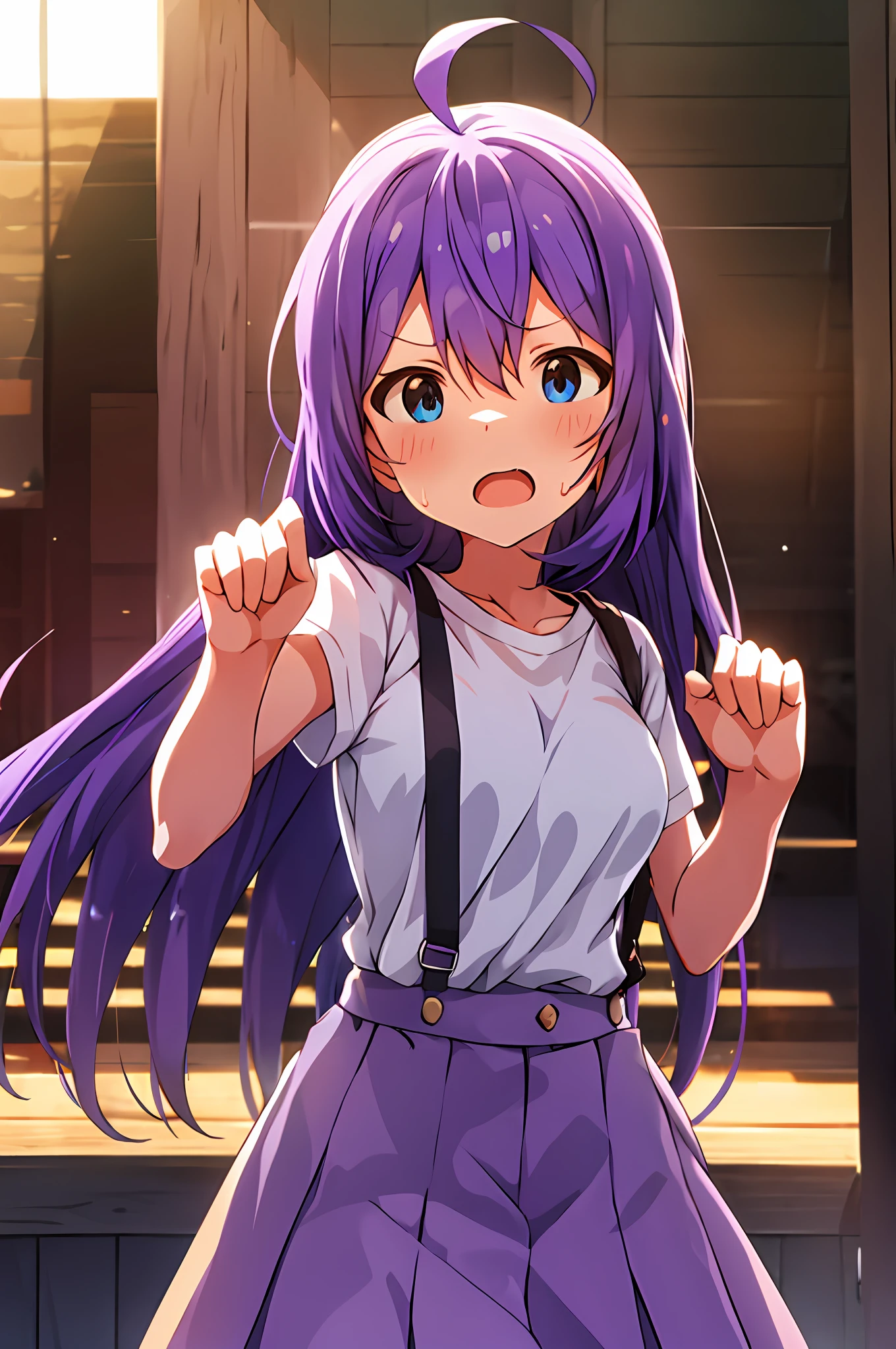 mochizuki anna,1girl in,Solo,Long hair,Purple hair,big breasts.Ahoge,Blue eyes.Short stature.white t-shirts.suspenders.Skirt.Evening glow.the setting sun.Despair face.Sweat.Opening Mouth.up chest.Fighting stance.