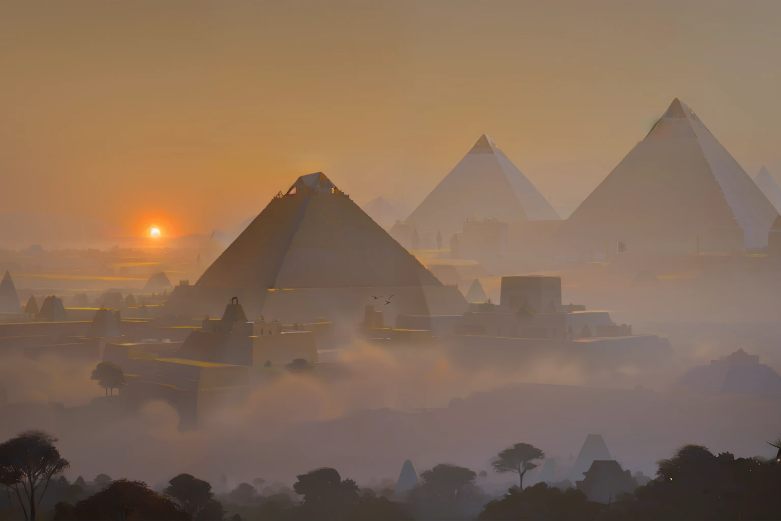 the three golden acient pyramids of giza surrounded by many brown Burmese bagan pagodas and villages full of green forests and some animals such as cows and goats, in Bagan city, fog, smoke, spring, clran blue sky with a little clouds, warm wealther in sunset time, birds are flying in the sky. beautiful scence, potrait, lanscape, highly detailed, photography, 8k,