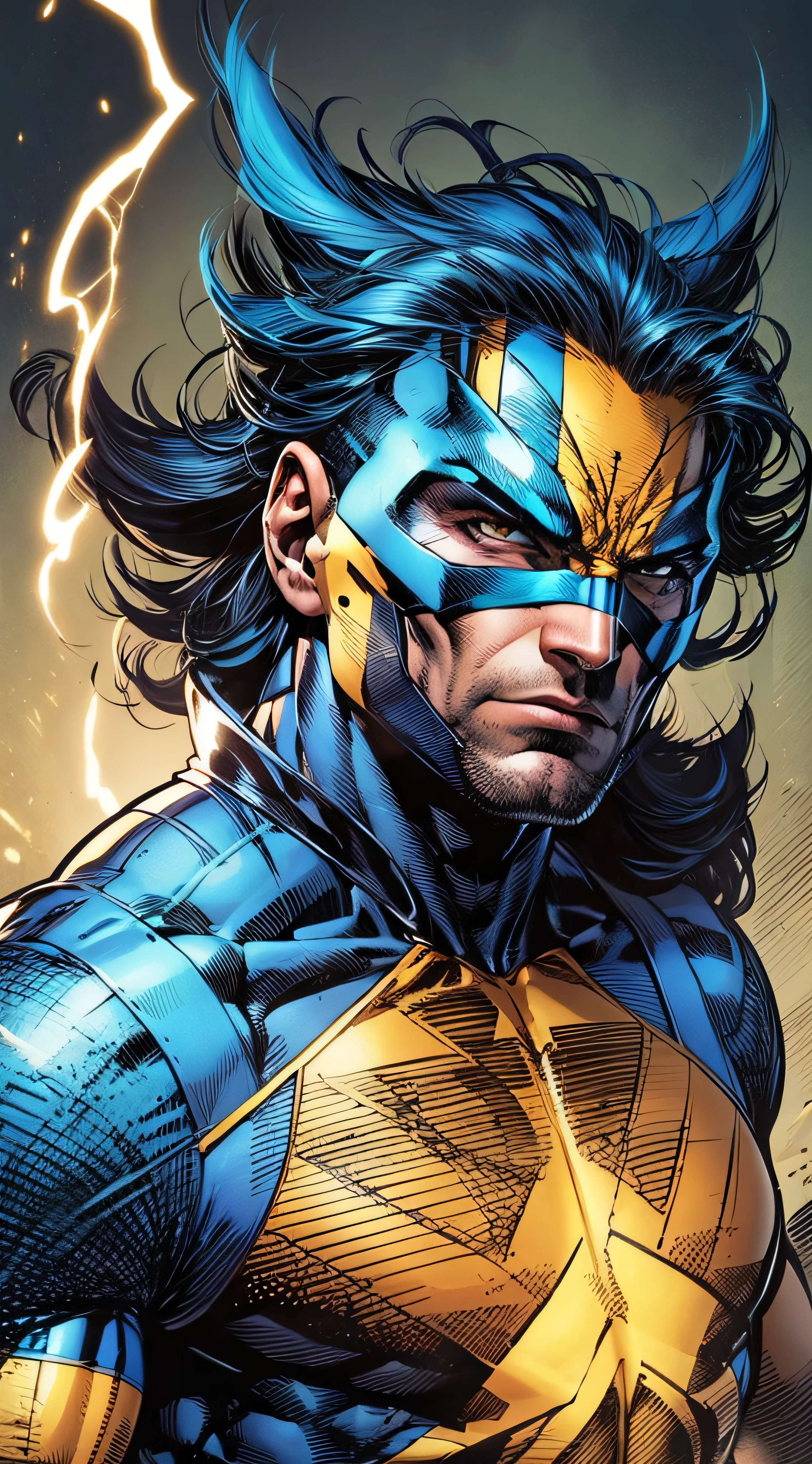 1 homem, solo, wolverine, logan, hunk, musculoso, a granel, ombro largo, fotorrealismo, (with mask)), WMASK, cabelo preto, luvas azuis, melhor qualidade, obra-prima, alta resolução: 1.2, high detailed mask, uniforme altamente detalhado, rosto altamente detalhado, premiado, tempo noturno, uma caverna escura no fundo