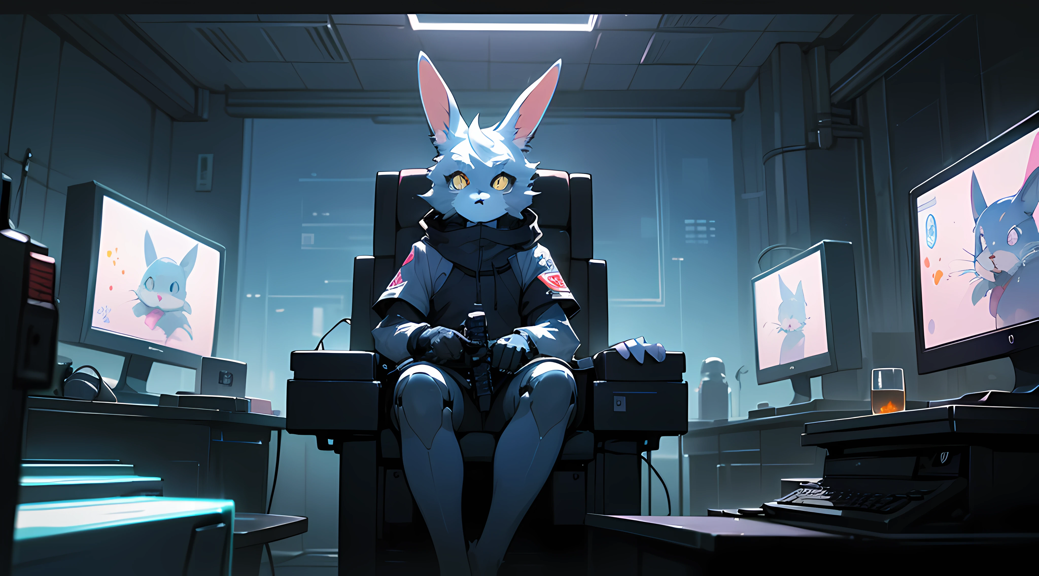 crt cel animated screencap of a still from an animated 1980s masamume shirow anime about a cyberpunk anthro kemono furry blue rabbit girl who patrols the streets with a technokatana looking for criminal robots, (blame! style abandoned tech landscape), (Zen, Amy Sol style), (((beats to relax/study to))), (((Lofi anthro kemono blue-furred rabbit girl in power armor sitting in metal chair behind computer terminal, behind giant glass terminal screen, beats to relax/study to))), (((blue kemono beastars furry rabbit anime hacker with small soft furry paws))), (((suspended glass cyberpunk computer terminals with robot rabbit in background))), ((glowing cyberdeck screens)), (underground, dark, foggy, perilous, abandoned dystopian apartment bedroom, deep windows), (abstract anthro rabbit figure wearing bunny ears), cover art with light abstraction, abstract, simple vector art, contemporary Cybernetic art, color gradients, soft color palettes, layered forms, whimsical animation, style Ethereal abstract, 4K, --v6