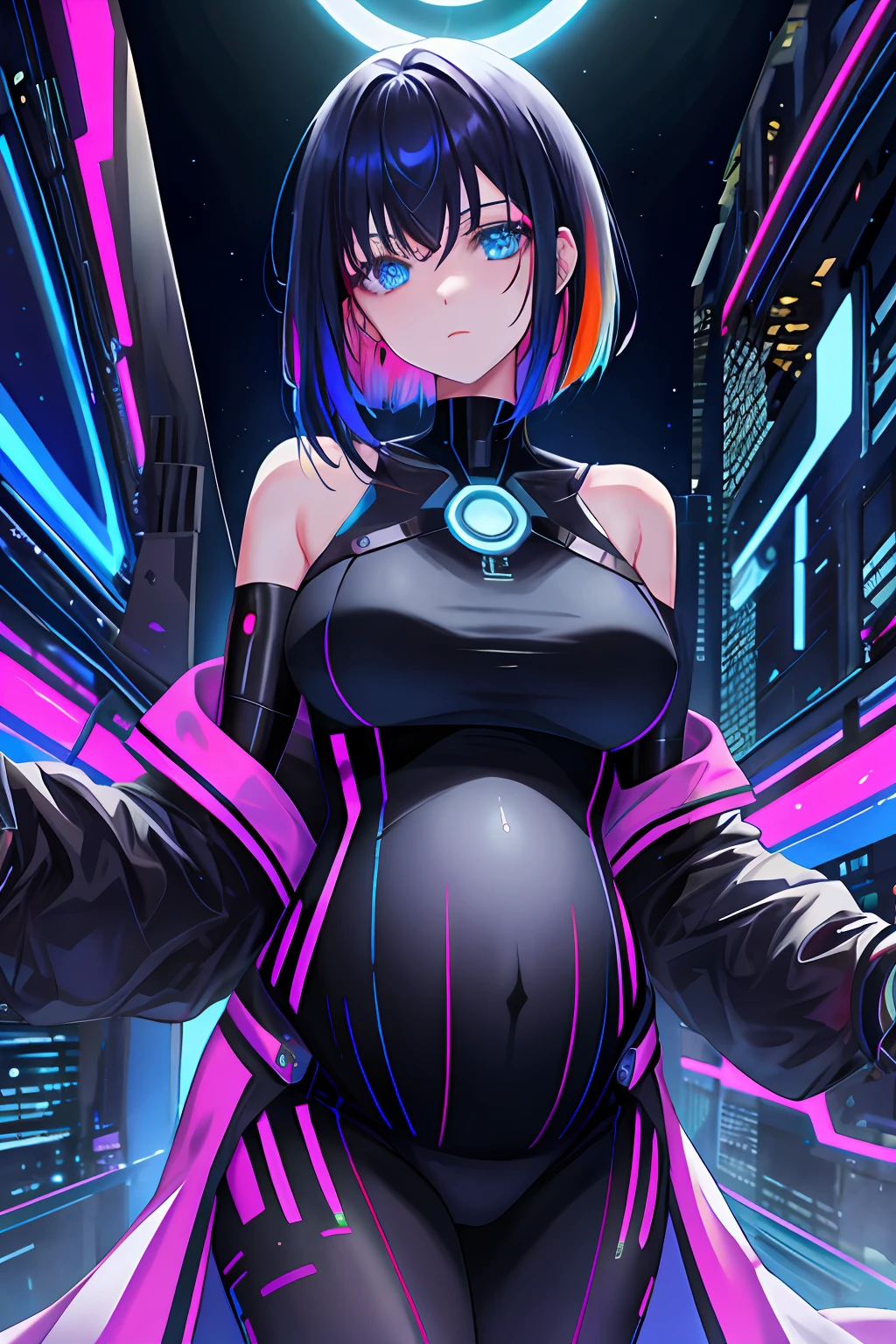 rays of black light, lucy \(Cyberpunk\), 1girll, bangs, Bare shoulders, Blue eyes, Blurry, The background is blurred out, tightsuit, Breasts, Cyberpunk, Cyborg, Expressionless, Jacket, tightsuit, view the viewer, Makeup, Medium breasts, Single, multicolored hair, cropped shoulders, on moon, Open clothes, Open jacket, Parted bangs, planetes, Red eyeliner, Science fiction, Short hair, Solo, thread, White hair,Pregnant belly, maternity attire for pregnant women,maternity dress,pregnant belly,Pregnant belly