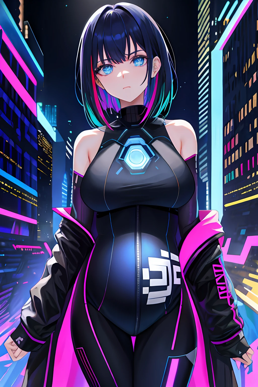 rays of black light, lucy \(Cyberpunk\), 1girll, bangs, Bare shoulders, Blue eyes, Blurry, The background is blurred out, tightsuit, Breasts, Cyberpunk, Cyborg, Expressionless, Jacket, tightsuit, view the viewer, Makeup, Medium breasts, Single, multicolored hair, cropped shoulders, on moon, Open clothes, Open jacket, Parted bangs, planetes, Red eyeliner, Science fiction, Short hair, Solo, thread, White hair,Pregnant belly, maternity attire for pregnant women,maternity dress,pregnant belly,Pregnant belly