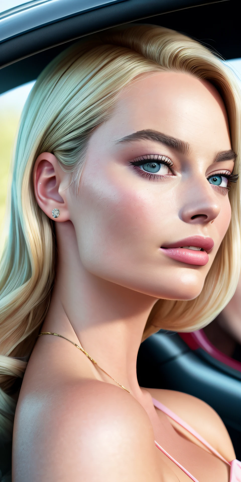 Margot Robbie as barbie and  Cillian Murphy as oppenheimer in a pink convertible ferrari, symmetrical, natural skin texture, soft lighting, detailed face, photo realism, soft pastel colors sparkling, looking at the camera, photorealistic painting, sharp focus, 8k, perfect composition, trending on artstation, award-winning photograph, unreal engine 5, cinematic smooth, intricate detail, studio photo, highly detailed. simple background.