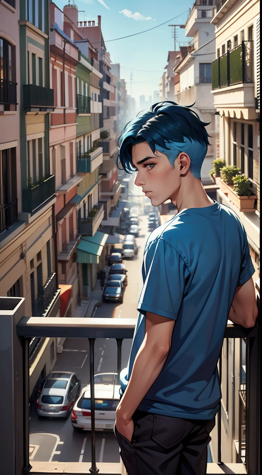 usar el mismo chico, 15-year-old man looking from a balcony at a sad city, nunca mira ala camara. , Straight blue hair standing on a terrace looking at a strange city, tiene mirada triste,
