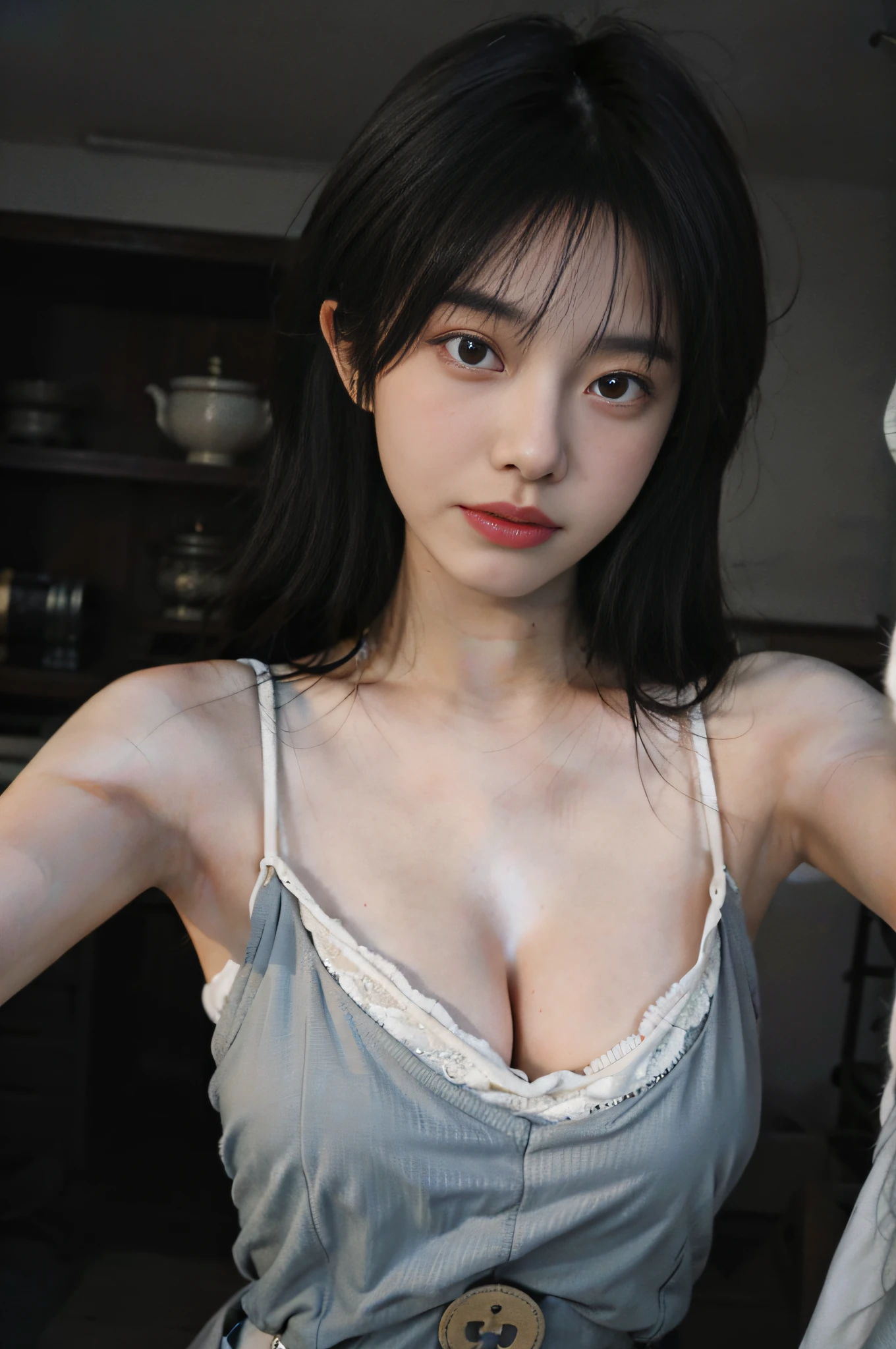 8K，best qualtiy，tmasterpiece，超高分辨率，（真实感：1.4），RAW photogr，（True skin texture：1.3），（filmgrain：1.3），（Selfie angle），1个Giant Breast Girl，Beautiful eye and face details，tmasterpiece，Best quality at best，closeup cleavage，full bodyesbian，Lace suspenders