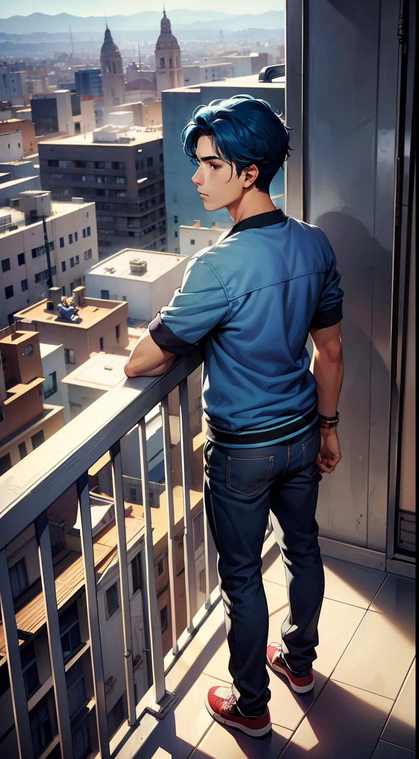 usar el mismo chico, 15-year-old man looking from a balcony at a sad city, nunca mira ala camara. , Straight blue hair standing on a terrace looking at a strange city, tiene mirada triste,