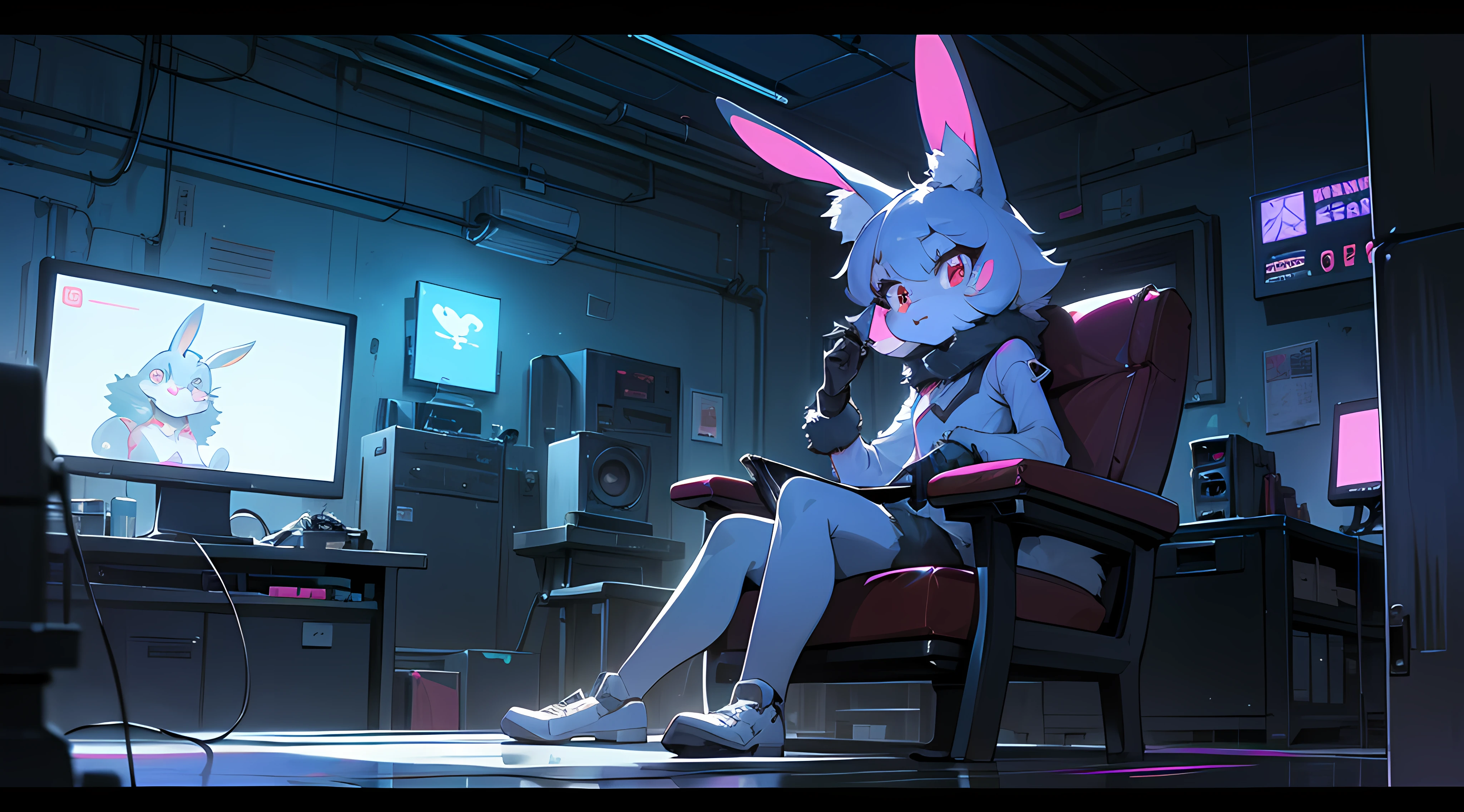 crt cel animated screencap of a still from an animated 1980s masamume shirow anime about a cyberpunk anthro kemono furry blue rabbit girl who patrols the streets with a technokatana looking for criminal robots, (blame! style abandoned tech landscape), (Zen, Amy Sol style), (((beats to relax/study to))), (((Lofi anthro kemono blue-furred rabbit girl in power armor sitting in metal chair behind computer terminal, behind giant glass terminal screen, beats to relax/study to))), (((blue kemono beastars furry rabbit anime hacker with small soft furry paws))), (((suspended glass cyberpunk computer terminals with robot rabbit in background))), ((glowing cyberdeck screens)), (underground, dark, foggy, perilous, abandoned dystopian apartment bedroom, deep windows), (abstract anthro rabbit figure wearing bunny ears), cover art with light abstraction, abstract, simple vector art, contemporary Cybernetic art, color gradients, soft color palettes, layered forms, whimsical animation, style Ethereal abstract, 4K, --v6