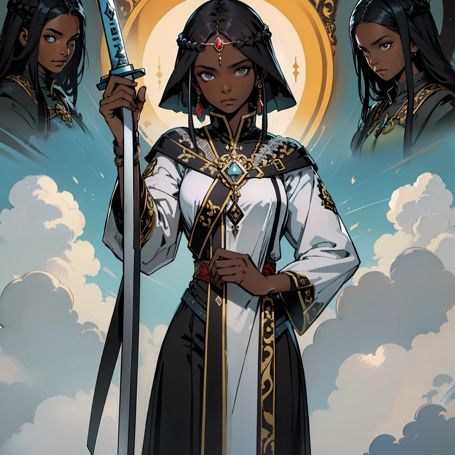 Garota pele clara,cabelo longo preto,olhos escuros,roupa de monje, espadachin, corpo inteiro, with a mystical long sword.