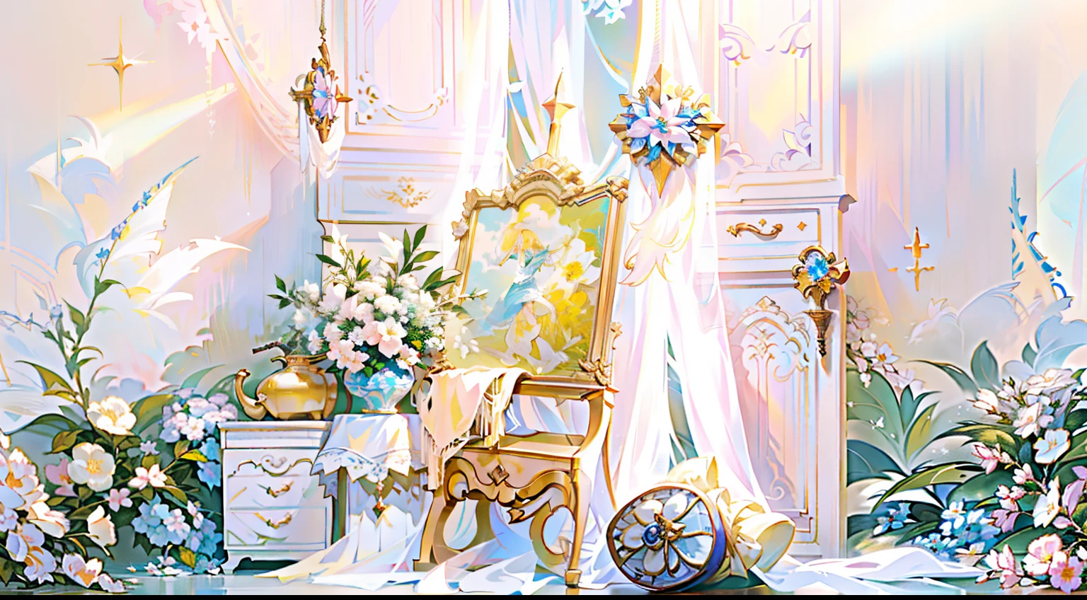 In front of the wall there is an easel with mirror and chairs, Ethereal and dreamy theme, in a white boho style studio, dreamy and detailed, bright studio setting, dreamy atmosphere and drama, baroque style painting backdrop, Dreamy atmosphere, Gorgeous and complex background, ethereal details, romantic setting, dreamy scenes, dreamy ethereal vibe, Dreamy style, Dreamy and ethereal,Dreamy style, Dreamy and ethereal,Meadows surrounded by flowers,There are European-style door frames on the grass,A white lace scarf is draped over the door frame,In front of the door frame is the easel,Flowers on easel photo frame,Dreamcatcher.com.。.com,On the left is the cabinet,The cupboards are filled with candles and flowers,Beautiful scene,exquisitedetails,rays of sunshine,Warm lighting,Natural soft light,white colors,In pink,higher details