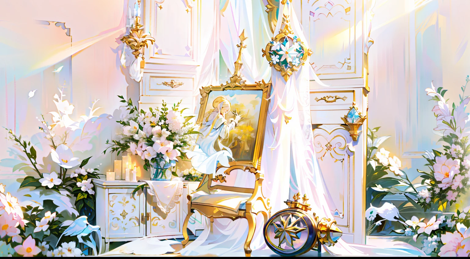 In front of the wall there is an easel with mirror and chairs, Ethereal and dreamy theme, in a white boho style studio, dreamy and detailed, bright studio setting, dreamy atmosphere and drama, baroque style painting backdrop, Dreamy atmosphere, Gorgeous and complex background, ethereal details, romantic setting, dreamy scenes, dreamy ethereal vibe, Dreamy style, Dreamy and ethereal,Dreamy style, Dreamy and ethereal,Meadows surrounded by flowers,There are European-style door frames on the grass,A white lace scarf is draped over the door frame,In front of the door frame is the easel,Flowers on easel photo frame,Dreamcatcher.com.。.com,On the left is the cabinet,The cupboards are filled with candles and flowers,Beautiful scene,exquisitedetails,rays of sunshine,Warm lighting,Natural soft light,white colors,In pink,higher details