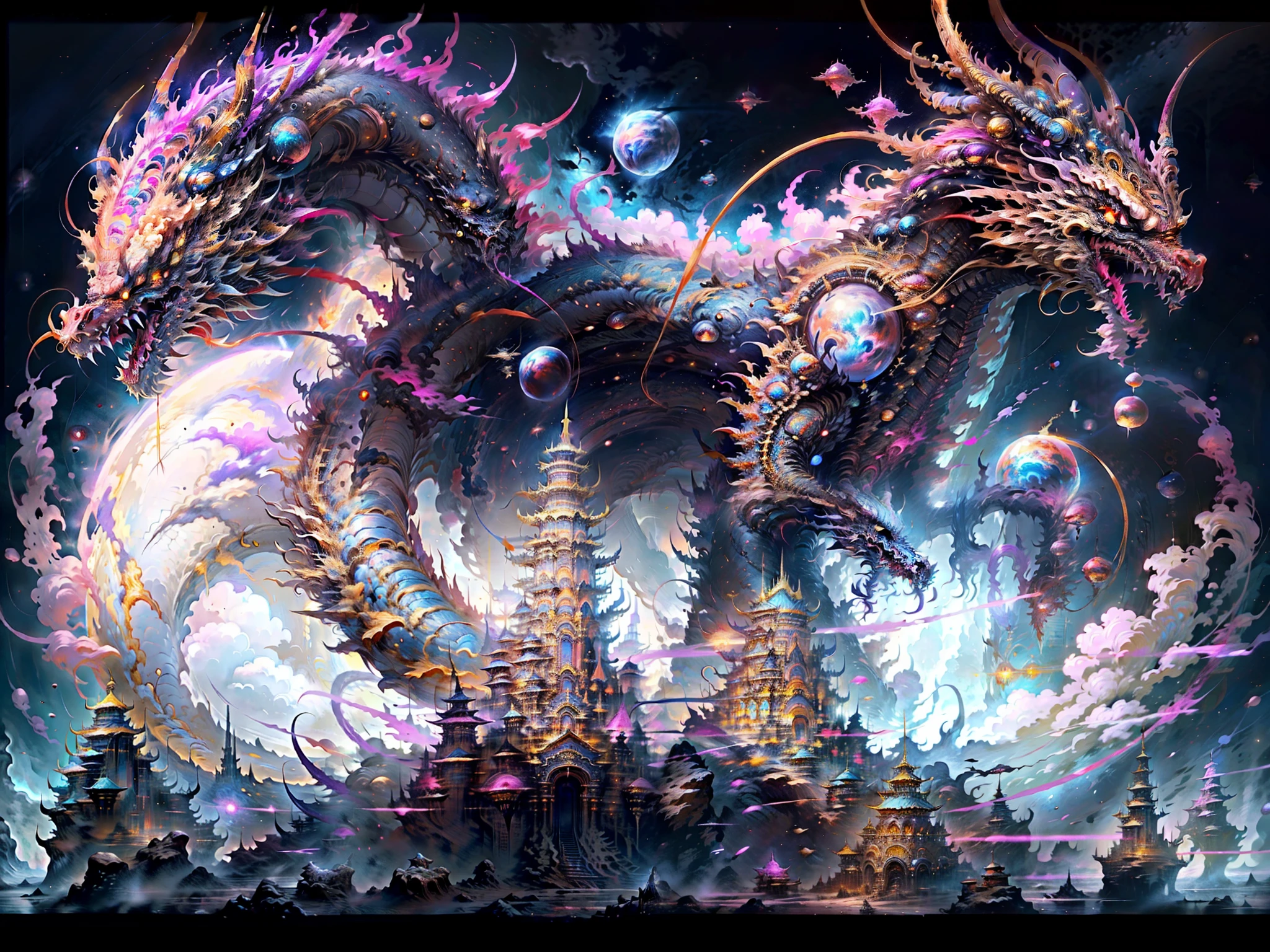 Masterpiece, ultra-high resolution, no humans, intricate details, ff14style, painting of future cities on the moon, space, stars, galaxies, planets, ((Chinese towns,)) bright colors, (length: 1), yellow eyes, clouds, scales, oriental dragon, open mouth, sharp teeth, flying, horns, teeth, claws, fangs, in a fantastical otherworldly visual style,