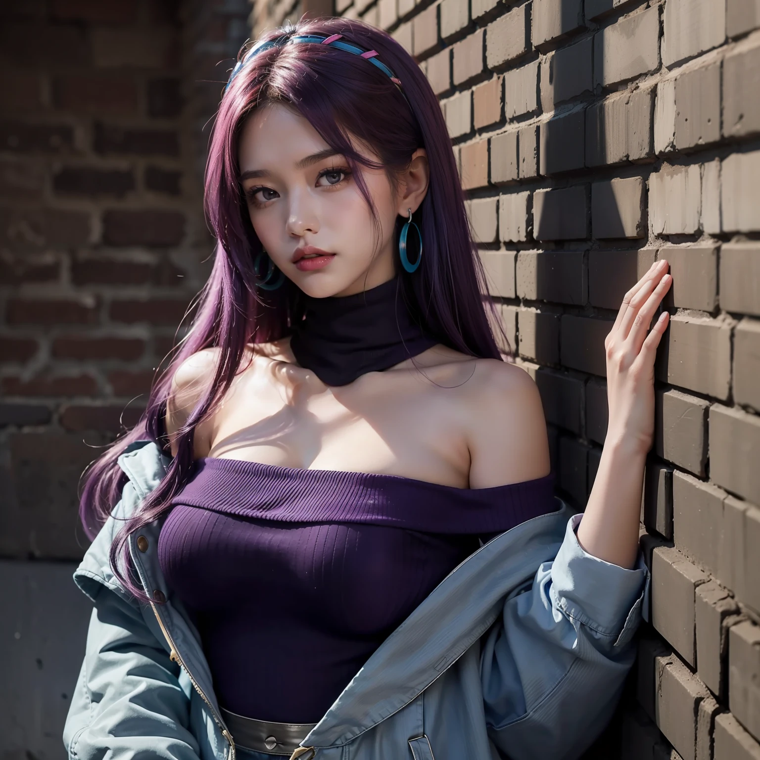 (Masterpiece, Excellent, 1girl, solo, complex details, chromatic aberration), realism, ((medium breath)), off-the-shoulder, big breasts, sexy, Yae Miko, long purple hair, blue headdress, red highlight, hair above one eye, purple eyes, earrings, sharp eyes, perfectly symmetrical figure, choker, neon shirt, open jacket, turtleneck sweater, against the wall, brick wall, graffiti, dim lighting, alley, looking at the audience, ((mean, seductive, charming))