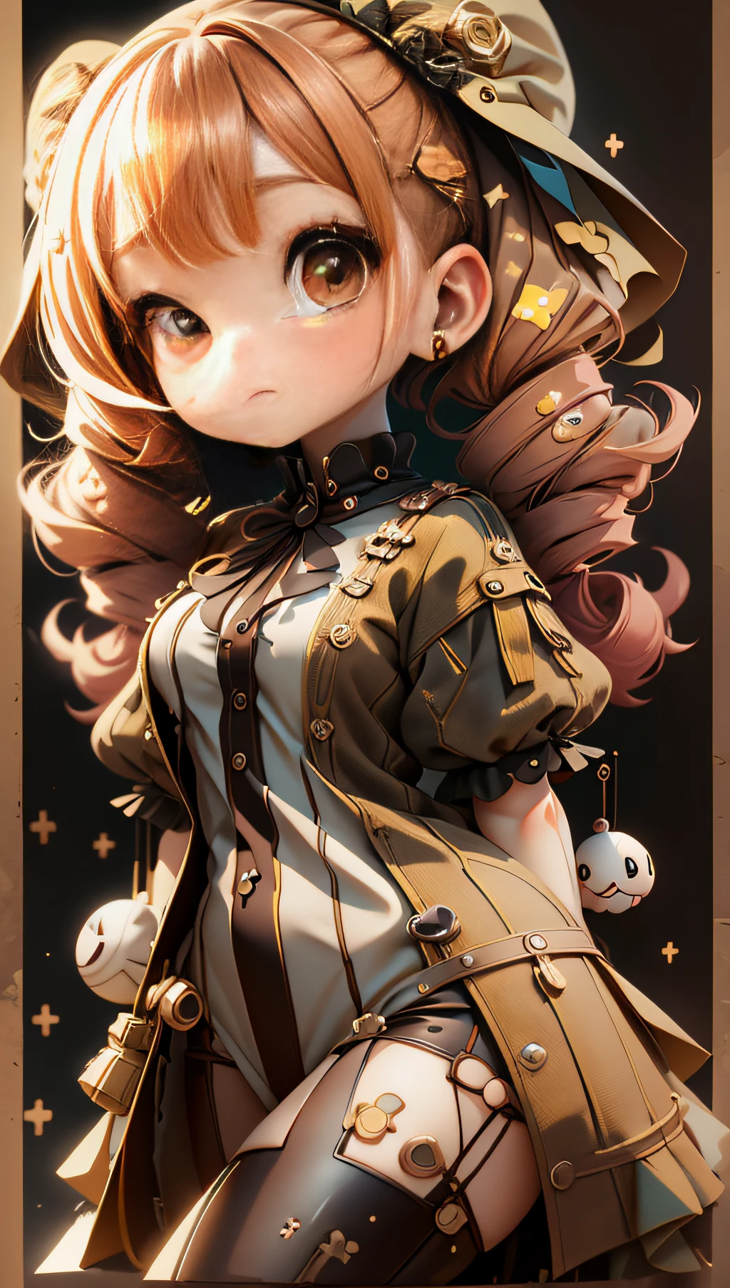 plastican00d, 1girl, chibi, amber, twin drills, medium brown, luxury fabrics, dithering, Far-reaching,looking at viewer, striped background