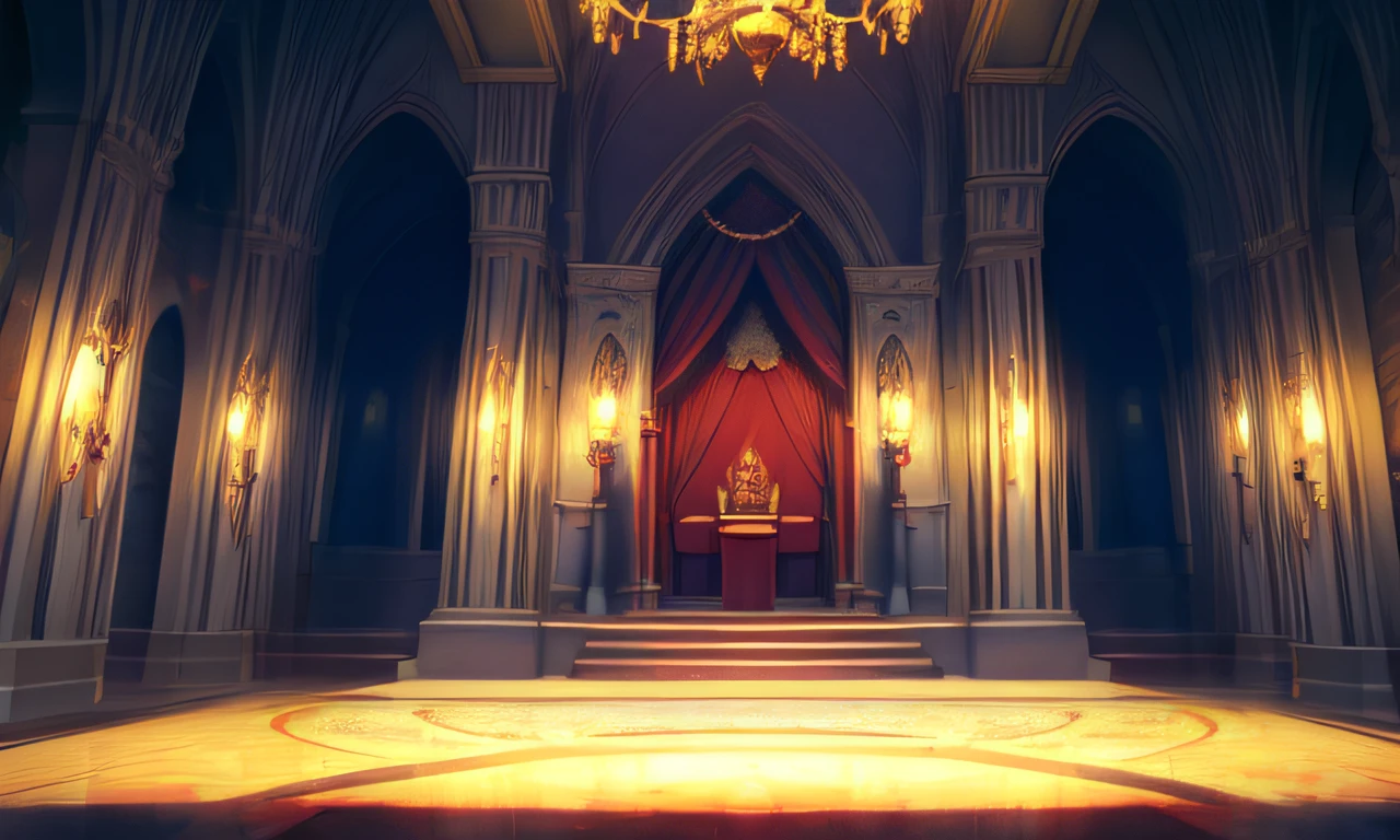 ((extreme detail)),(ultra-detailed),(painting), chiaroscuro, extremely detailed CG unity 8k wallpaper, castle interior, throne room, brick wall, shiny floor, scenery, no humans, stairs, sword, throne, regal, banner, exterior natural light, sunsetodinspherestyle,
