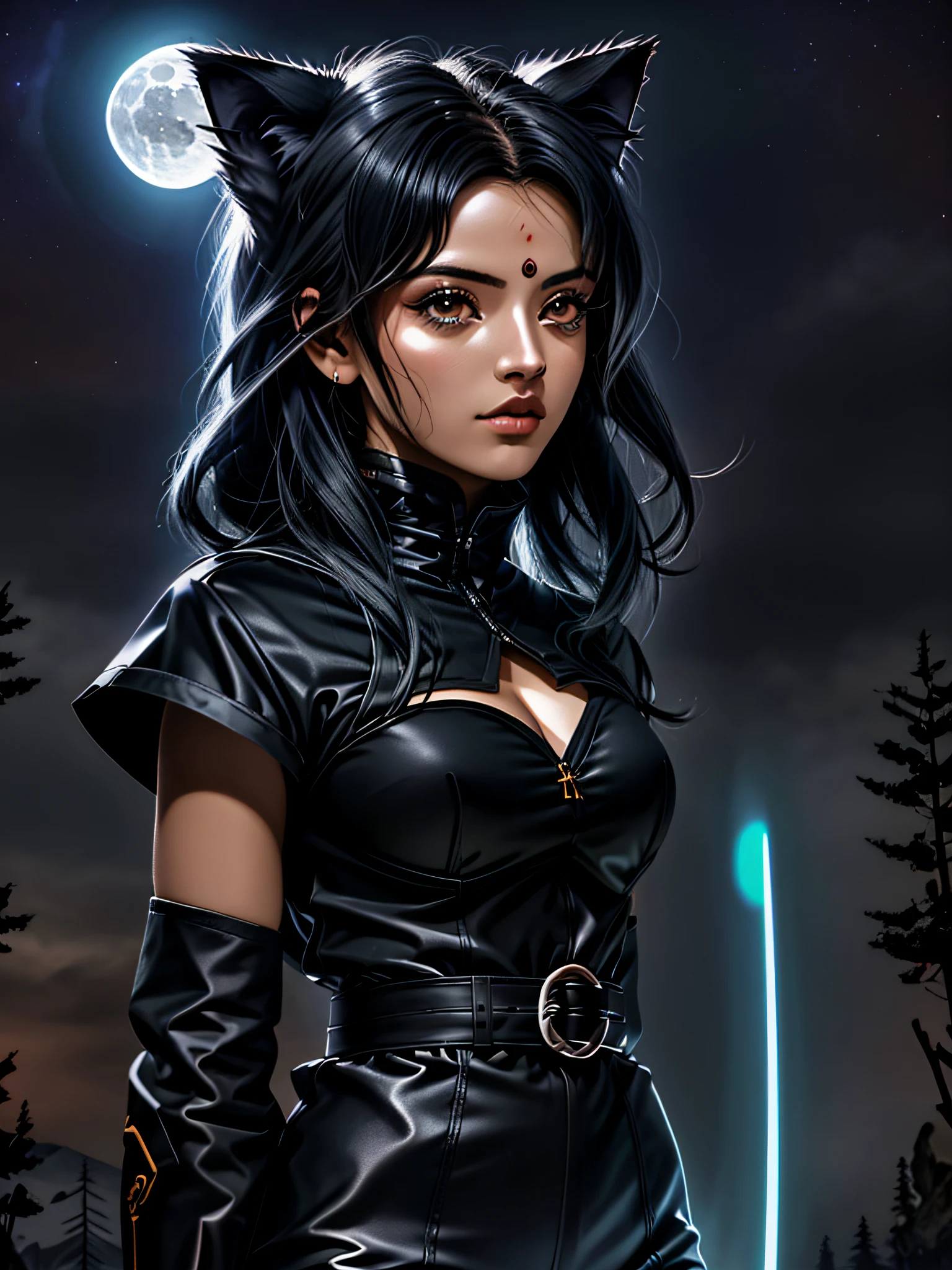 Imagem de uma mulher lobo, cabelo comprido preto, olhos vermelhos brilhantes, canalizando seus poderes, Ki em volta, em uma cidade escura destruida, ela tem uma roupa de pele de lobo cinzento e alguns detalhes preto e vermelho em sua roupa, e a imagem de um lobo de fundo e uma lua cheia sangrenta, realista, 8k, ultrarealista
