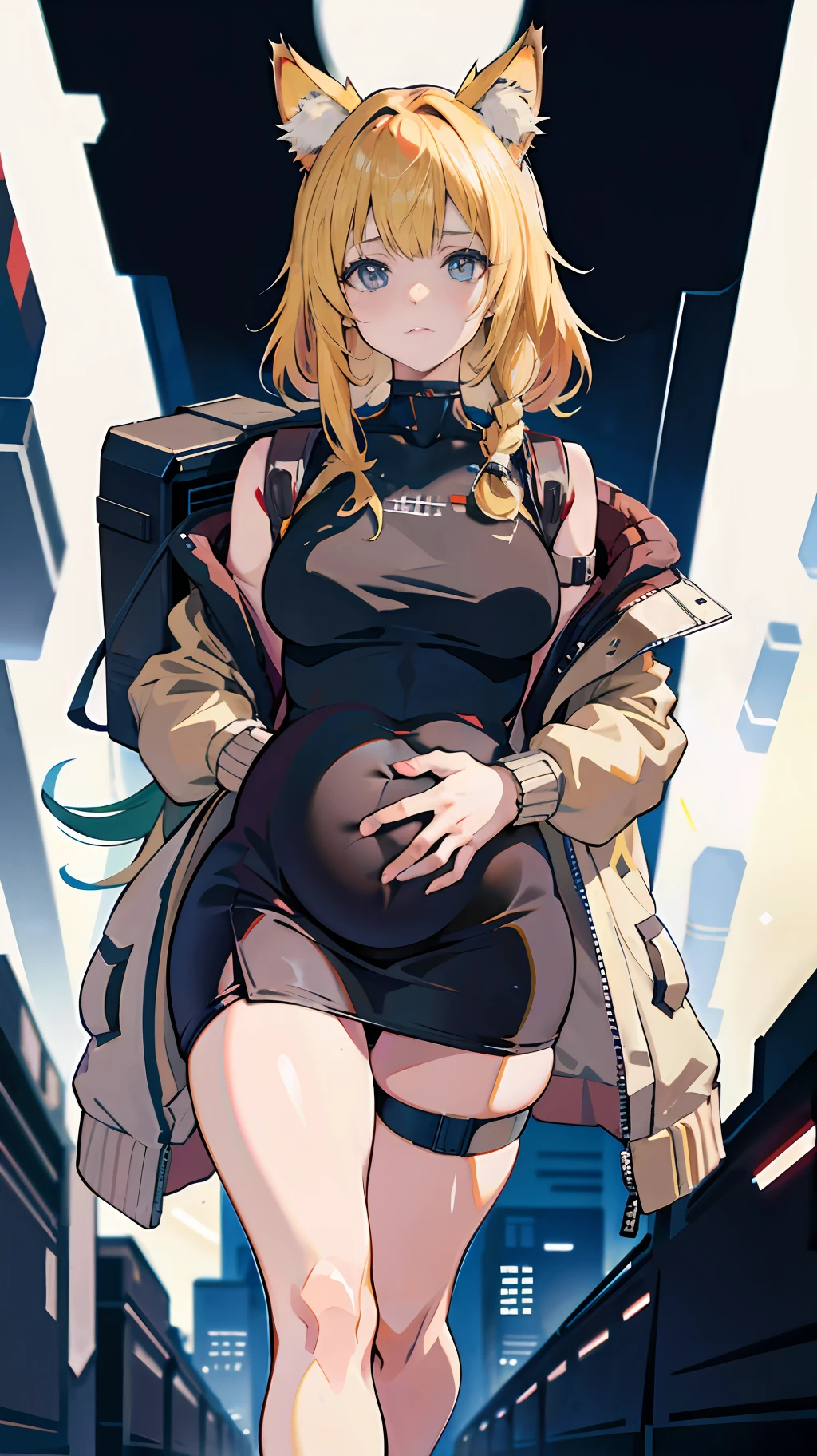 Anime girl walking down the street with cat ears and backpack， cyberpunk anime girl， digital cyberpunk anime art， anime cyberpunk art， digitl cyberpunk - anime art， cyberpunk anime art， cyberpunk anime girls mecha， female cyberpunk anime girl， an oppai cyberpunk， Best anime 4k konachang wallpaper， Anime style 4 K， Cyberpunk art style Pregnant belly, maternity attire for pregnant women，maternity dress，pregnant belly，Pregnant belly