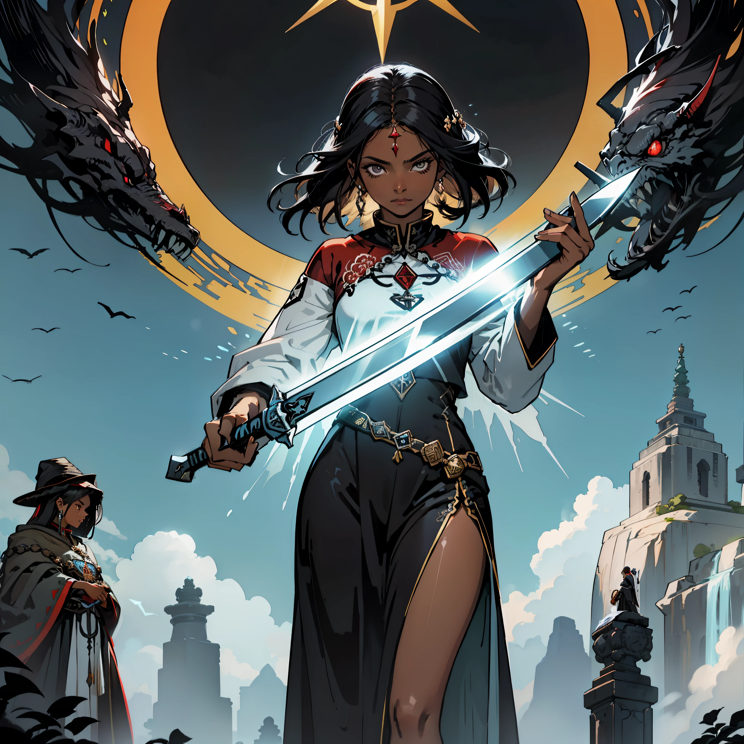 Garota pele clara,cabelo longo preto,olhos escuros,roupa de monje, espadachin, corpo inteiro, with a mystical long sword.