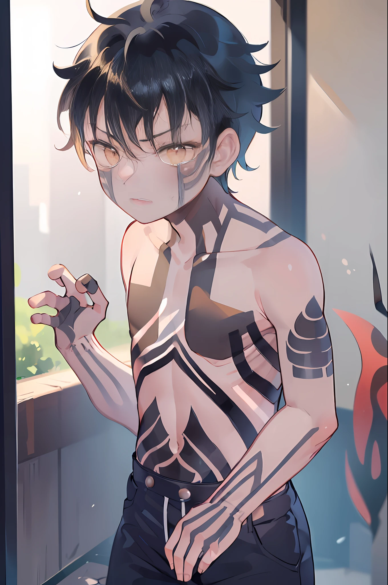 (masutepiece, Best Quality:1.2), Cowboy Shot, Solo, Male Focus, 1boy, Demi-Fiend, deadpan, Closed mouth, Looking at Viewer, Short hair, topless male, Shorts