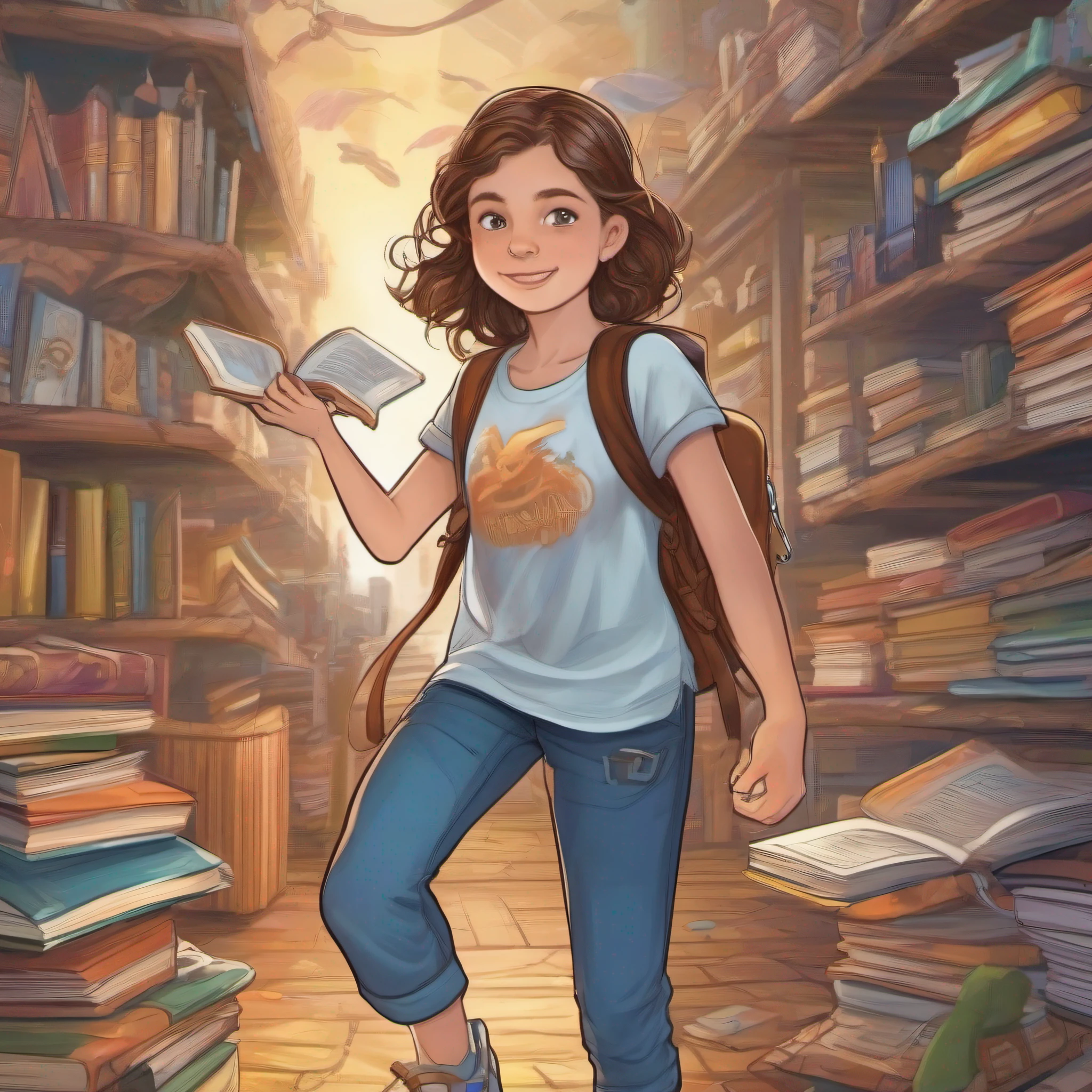 a treasure hunter, , wavy brown hair, falling gently over her shoulders, smooth color, various poses and expressions on white background, children's book illustration style, cute, colorful short-sleeved T-shirt, jeans without belt, without book, without glasses, backpack