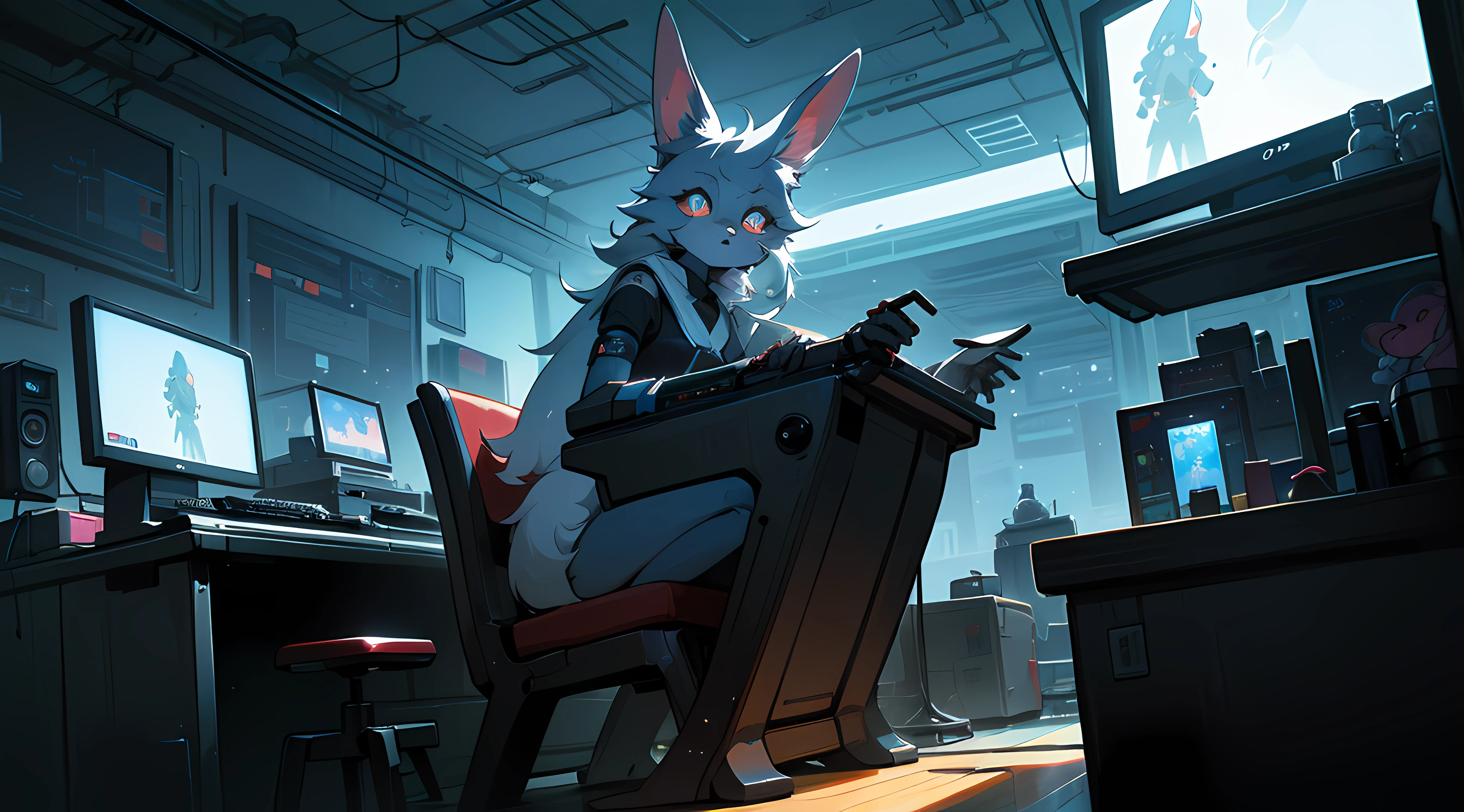 crt cel animated screencap of a still from an animated 1980s masamume shirow anime about a cyberpunk anthro kemono furry blue rabbit girl who patrols the streets with a technokatana looking for criminal robots, (blame! style abandoned tech landscape), (Zen, Amy Sol style), (((beats to relax/study to))), (((Lofi anthro kemono blue-furred rabbit girl in power armor sitting in metal chair behind computer terminal, behind giant glass terminal screen, beats to relax/study to))), (((blue kemono beastars furry rabbit anime hacker with small soft furry paws))), (((suspended glass cyberpunk computer terminals with robot rabbit in background))), ((glowing cyberdeck screens)), (underground, dark, foggy, perilous, abandoned dystopian apartment bedroom, deep windows), (abstract anthro rabbit figure wearing bunny ears), cover art with light abstraction, abstract, simple vector art, contemporary Cybernetic art, color gradients, soft color palettes, layered forms, whimsical animation, style Ethereal abstract, 4K, --v6