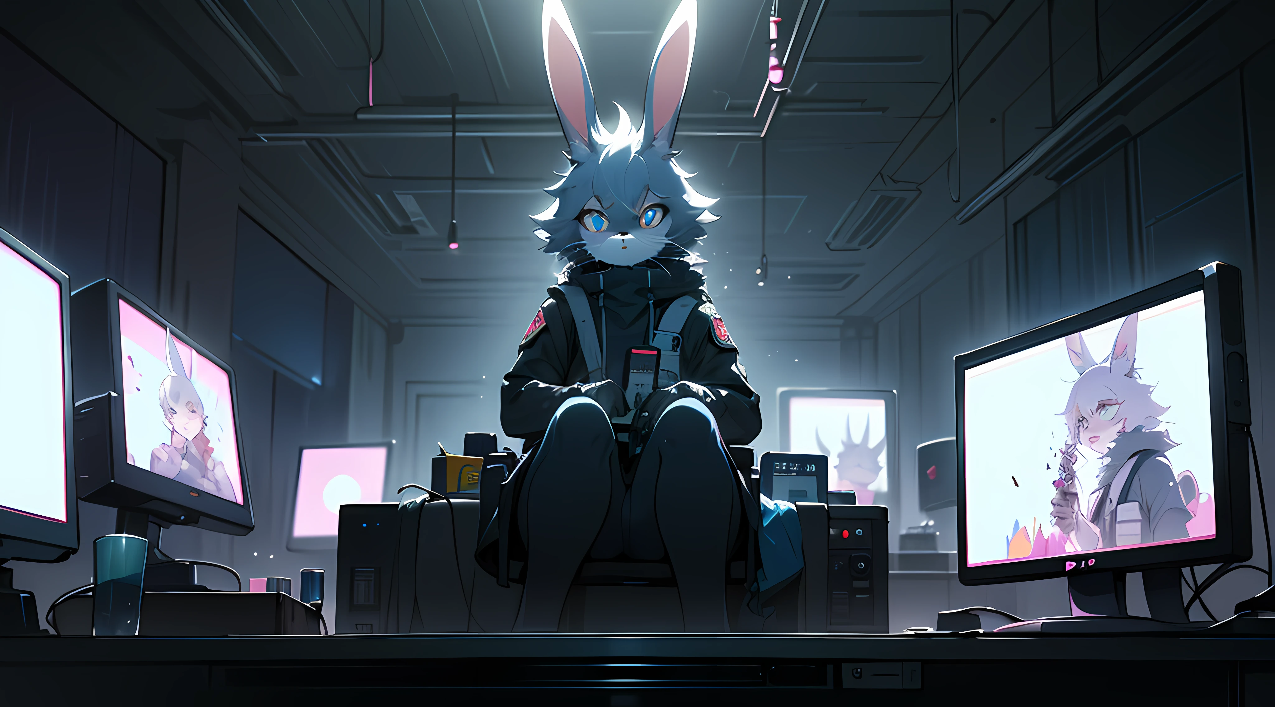crt cel animated screencap of a still from an animated 1980s masamume shirow anime about a cyberpunk anthro kemono furry blue rabbit girl who patrols the streets with a technokatana looking for criminal robots, (blame! style abandoned tech landscape), (Zen, Amy Sol style), (((beats to relax/study to))), (((Lofi anthro kemono blue-furred rabbit girl in power armor sitting in metal chair behind computer terminal, behind giant glass terminal screen, beats to relax/study to))), (((blue kemono beastars furry rabbit anime hacker with small soft furry paws))), (((suspended glass cyberpunk computer terminals with robot rabbit in background))), ((glowing cyberdeck screens)), (underground, dark, foggy, perilous, abandoned dystopian apartment bedroom, deep windows), (abstract anthro rabbit figure wearing bunny ears), cover art with light abstraction, abstract, simple vector art, contemporary Cybernetic art, color gradients, soft color palettes, layered forms, whimsical animation, style Ethereal abstract, 4K, --v6