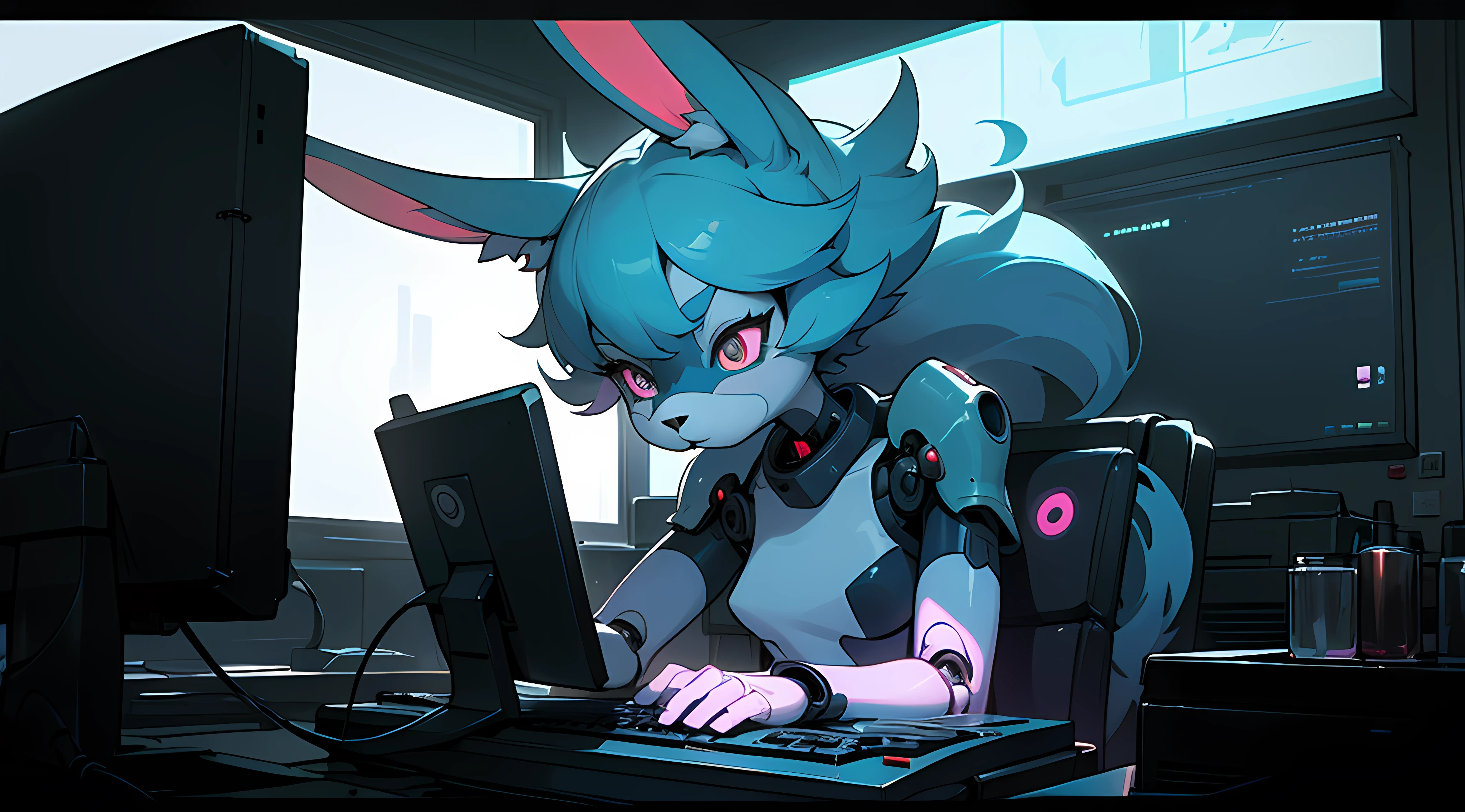 crt cel animated screencap of a still from an animated 1980s masamume shirow anime about a cyberpunk anthro kemono furry blue rabbit girl who patrols the streets with a technokatana looking for criminal robots, (blame! style abandoned tech landscape), (Zen, Amy Sol style), (((beats to relax/study to))), (((Lofi anthro kemono blue-furred rabbit girl in power armor sitting in metal chair behind computer terminal, behind giant glass terminal screen, beats to relax/study to))), (((blue kemono beastars furry rabbit anime hacker with small soft furry paws))), (((suspended glass cyberpunk computer terminals with robot rabbit in background))), ((glowing cyberdeck screens)), (underground, dark, foggy, perilous, abandoned dystopian apartment bedroom, deep windows), (abstract anthro rabbit figure wearing bunny ears), cover art with light abstraction, abstract, simple vector art, contemporary Cybernetic art, color gradients, soft color palettes, layered forms, whimsical animation, style Ethereal abstract, 4K, --v6
