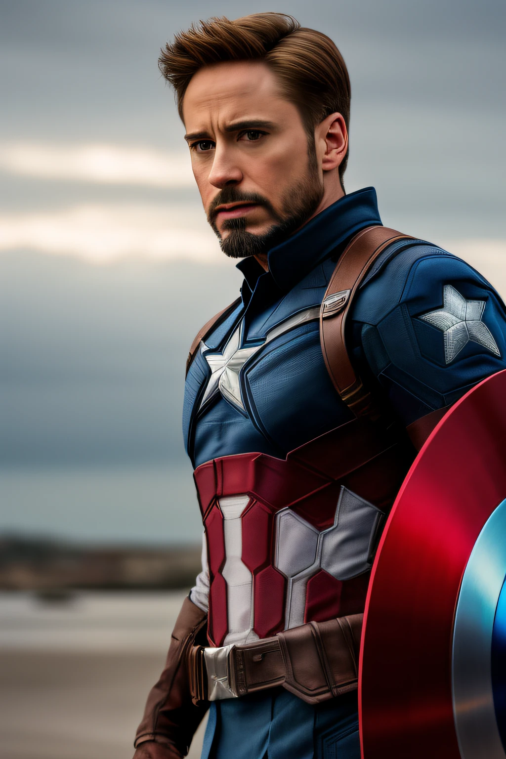 extremely detailed photo a man wearing captain america armor lorarobertdj, stylish short beard, model photoshoot, 8k UHD, ultra detailed, RAW photography