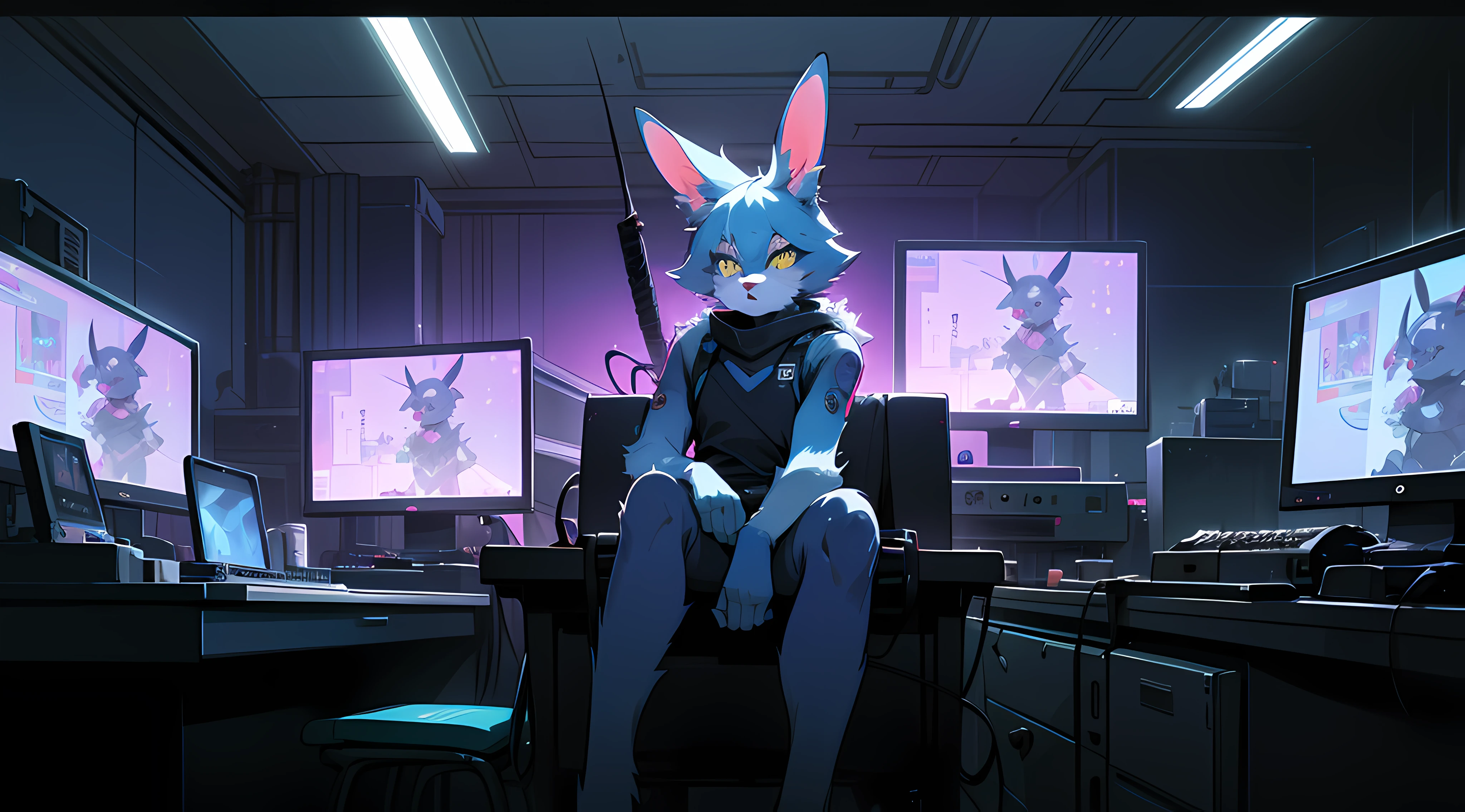 crt cel animated screencap of a still from an animated 1980s masamume shirow anime about a cyberpunk anthro kemono furry blue rabbit girl who patrols the streets with a technokatana looking for criminal robots, (blame! style abandoned tech landscape), (Zen, Amy Sol style), (((beats to relax/study to))), (((Lofi anthro kemono blue-furred rabbit girl in power armor sitting in metal chair behind computer terminal, behind giant glass terminal screen, beats to relax/study to))), (((blue kemono beastars furry rabbit anime hacker with small soft furry paws))), (((suspended glass cyberpunk computer terminals with robot rabbit in background))), ((glowing cyberdeck screens)), (underground, dark, foggy, perilous, abandoned dystopian apartment bedroom, deep windows), (abstract anthro rabbit figure wearing bunny ears), cover art with light abstraction, abstract, simple vector art, contemporary Cybernetic art, color gradients, soft color palettes, layered forms, whimsical animation, style Ethereal abstract, 4K, --v6