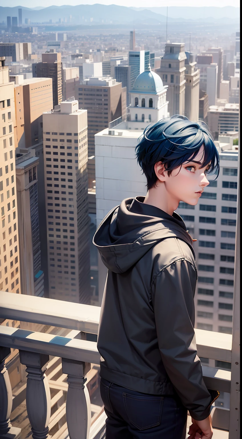 usar el mismo chico, -yeld maooking from balcony at sad city, nunca mira ala camara. , Straight blue hair standing on a terrace looking at a strange city, tiene mirada triste,