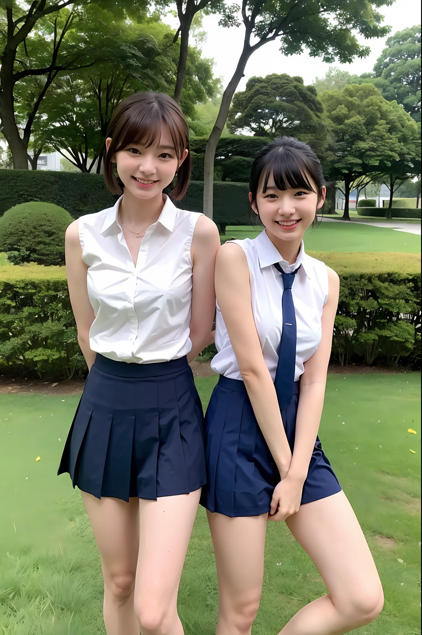 2 girls,white sleeveless shirt with white collar,panties,navy blue school skirt,18 year old,bangs,smiles,thighs,knees,panties,short cut hair,poneyTail,standing in park