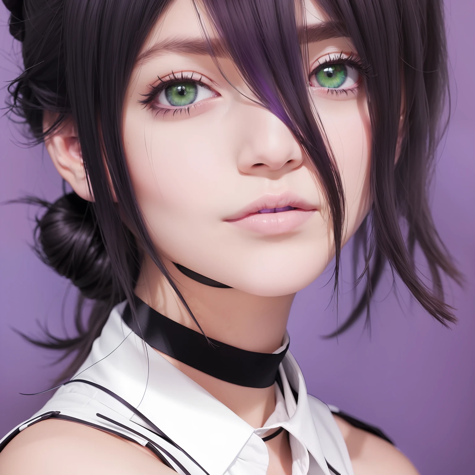 1girl, reze, chainsaw man, purple hair, green eye, realistic, ultra detail